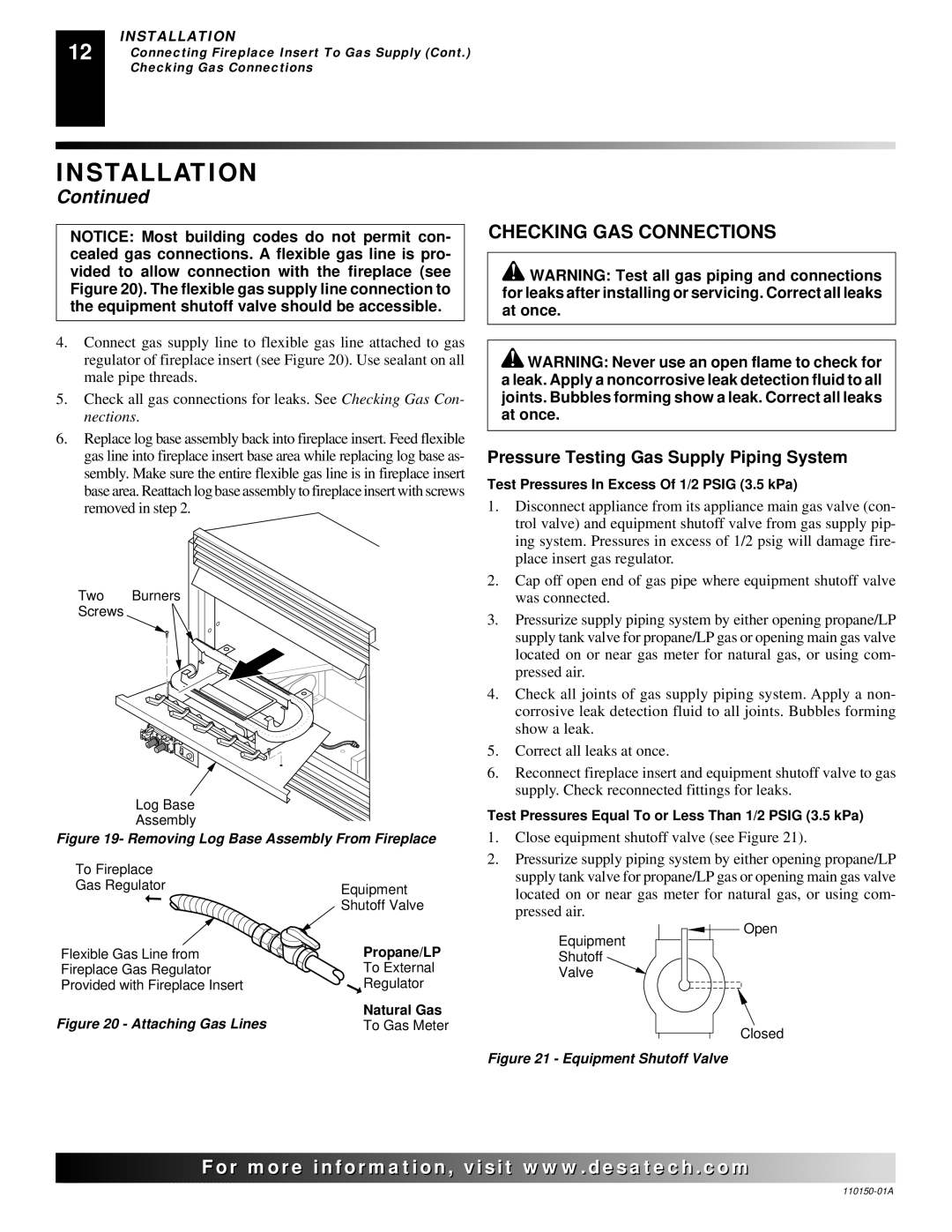 Desa VI33NRA, VI33PRA installation manual Checking GAS Connections, Pressure Testing Gas Supply Piping System 