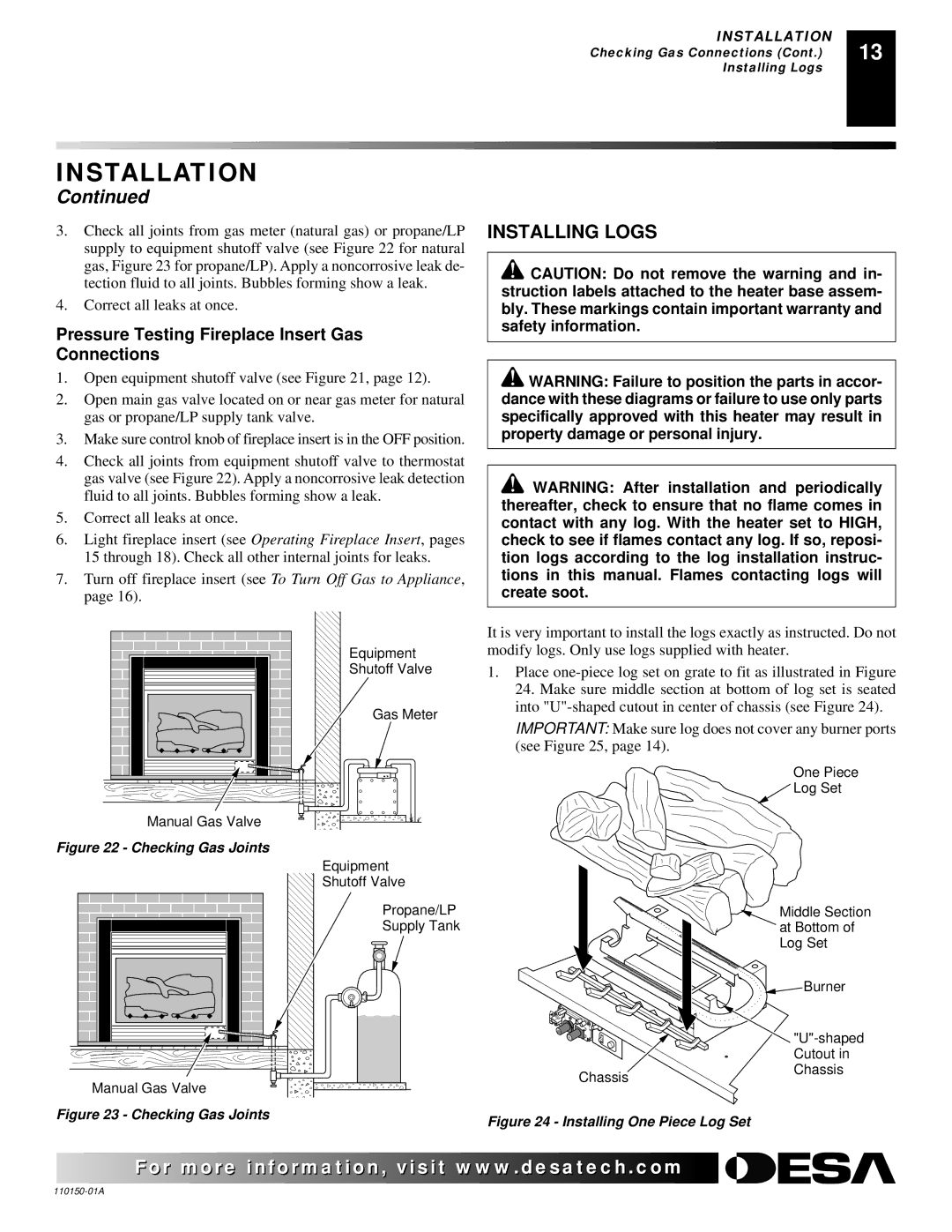 Desa VI33PRA, VI33NRA installation manual Installing Logs, Pressure Testing Fireplace Insert Gas Connections 