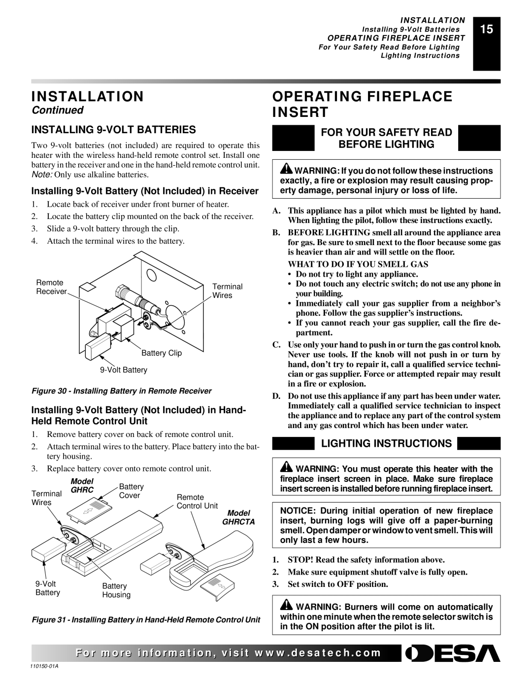 Desa VI33PRA, VI33NRA Operating Fireplace Insert, Installing 9-VOLT Batteries, For Your Safety Read Before Lighting 