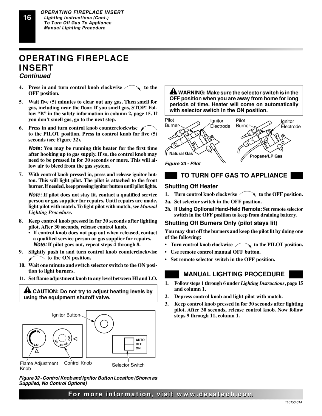 Desa VI33NRA, VI33PRA installation manual To Turn OFF GAS to Appliance, Manual Lighting Procedure, Shutting Off Heater 