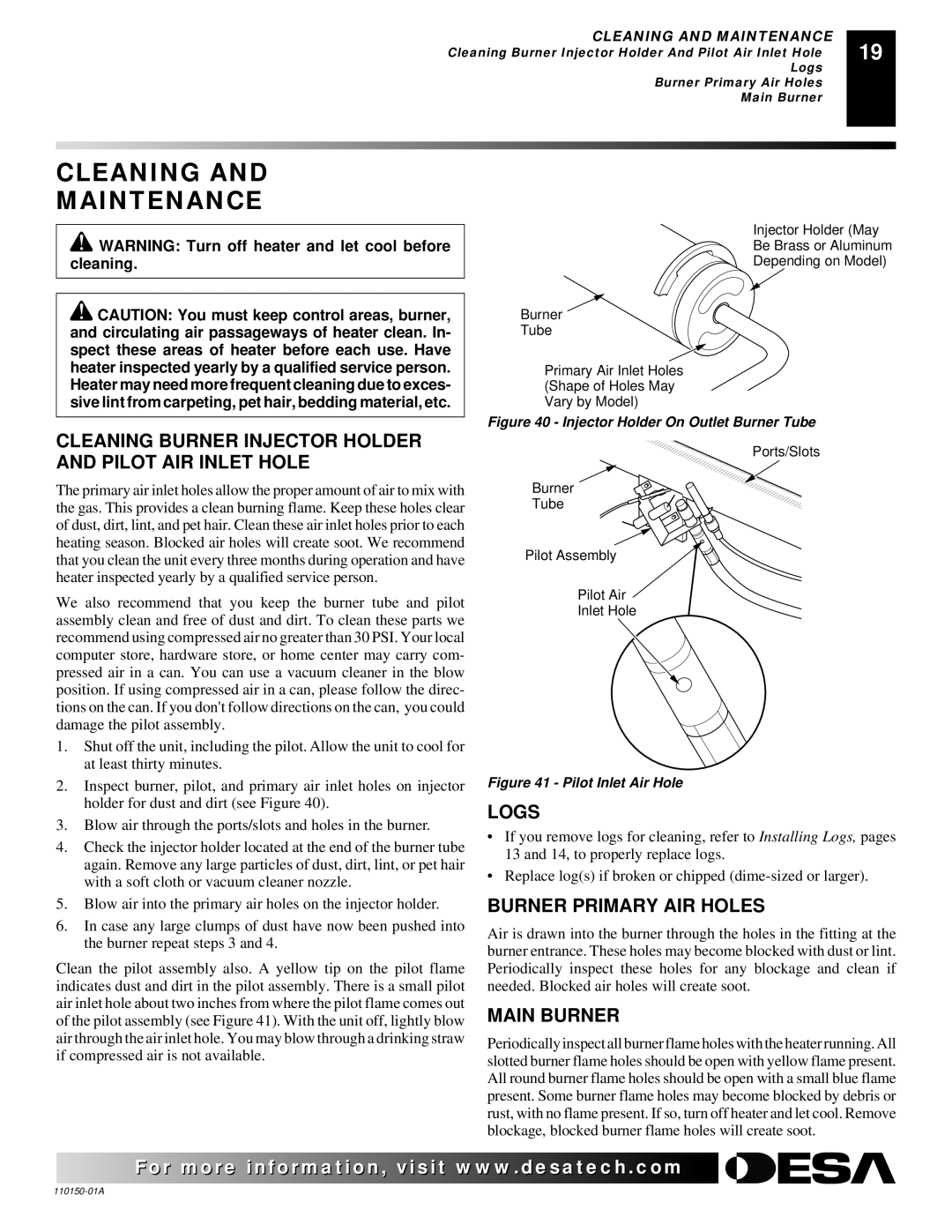 Desa VI33PRA, VI33NRA Cleaning Maintenance, Cleaning Burner Injector Holder and Pilot AIR Inlet Hole, Logs 