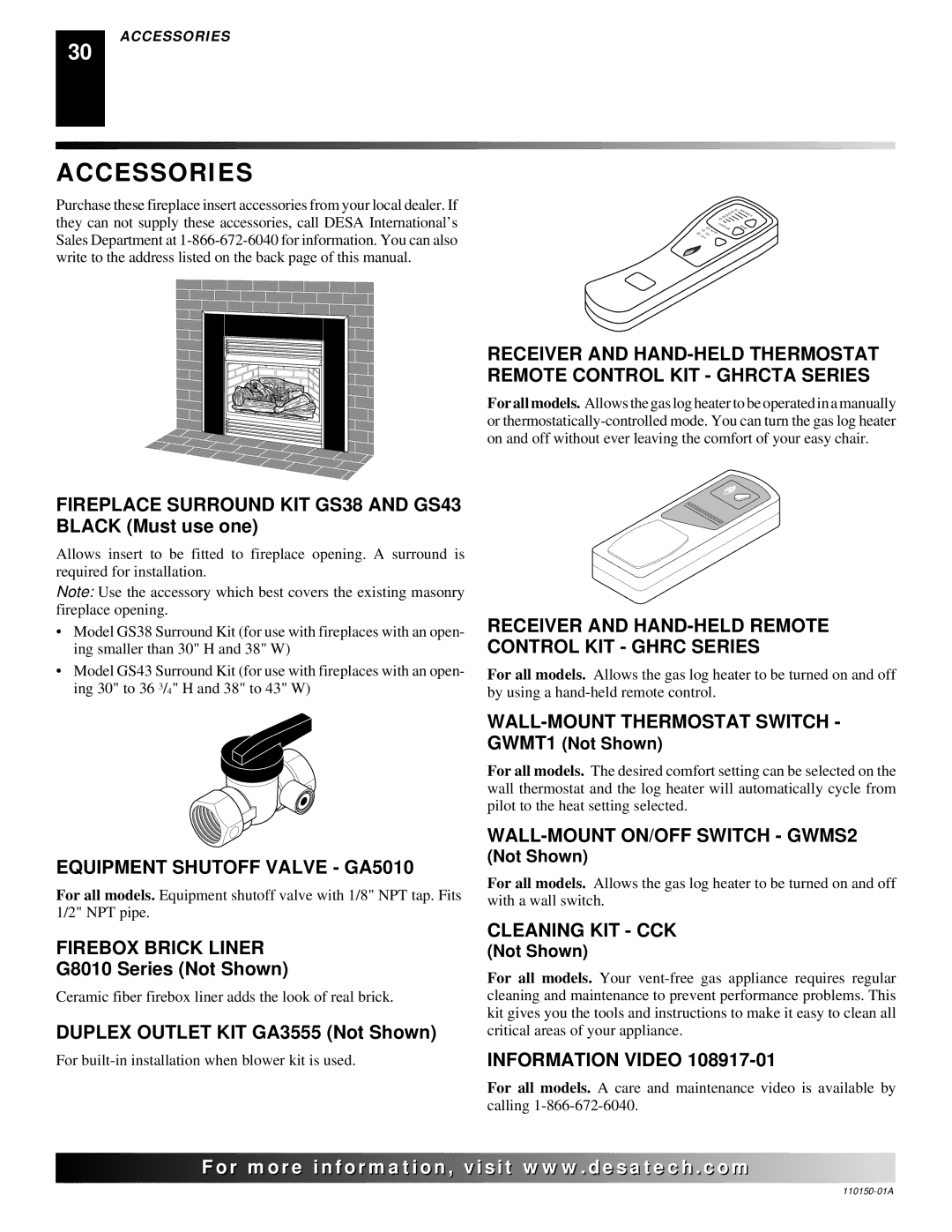 Desa VI33NRA Receiver and HAND-HELD Remote Control KIT Ghrc Series, Equipment Shutoff Valve GA5010, Firebox Brick Liner 