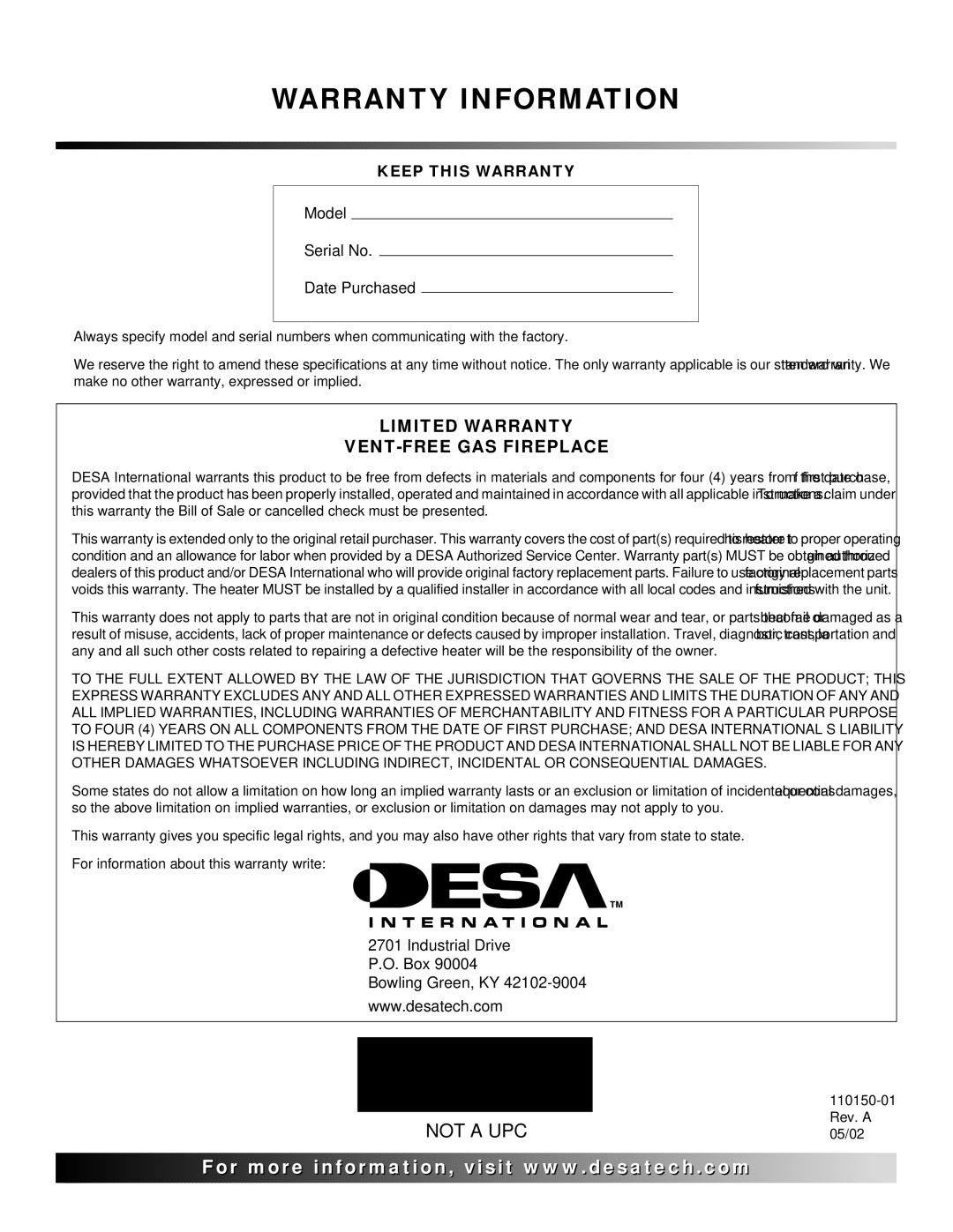 Desa VI33NRA, VI33PRA installation manual Warranty Information 