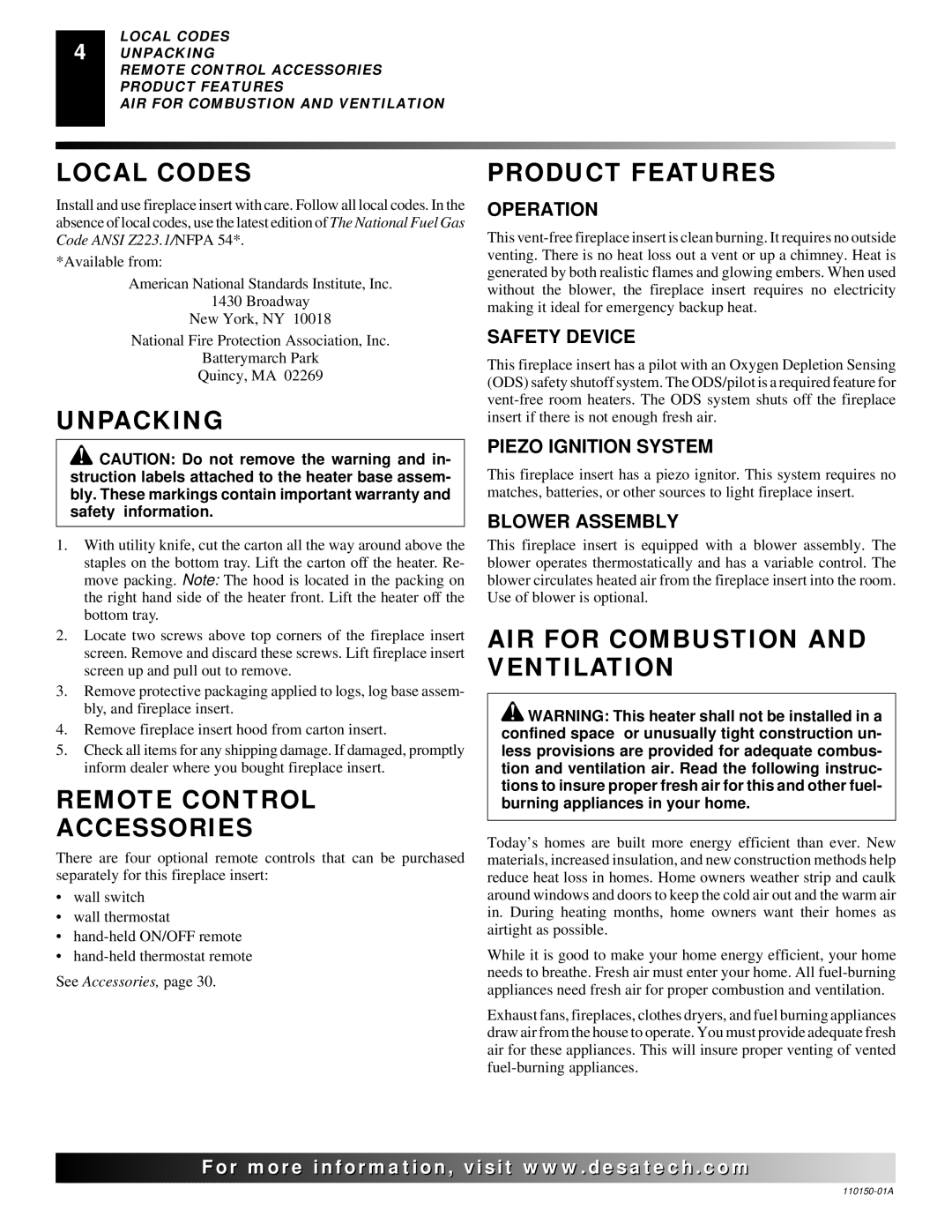 Desa VI33NRA Local Codes, Unpacking, Remote Control Accessories, Product Features, AIR for Combustion and Ventilation 