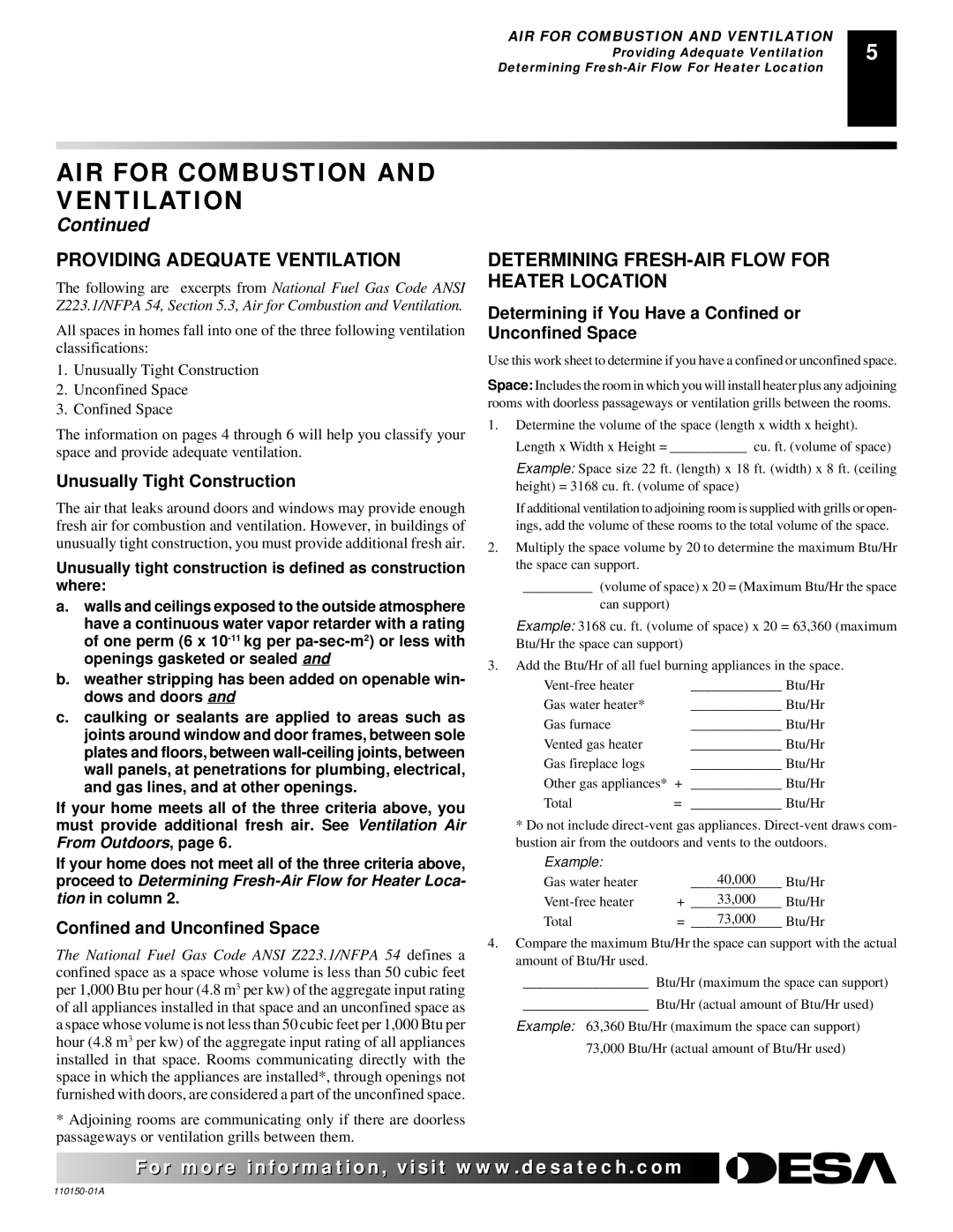 Desa VI33PRA Providing Adequate Ventilation, Determining FRESH-AIR Flow for Heater Location, Unusually Tight Construction 