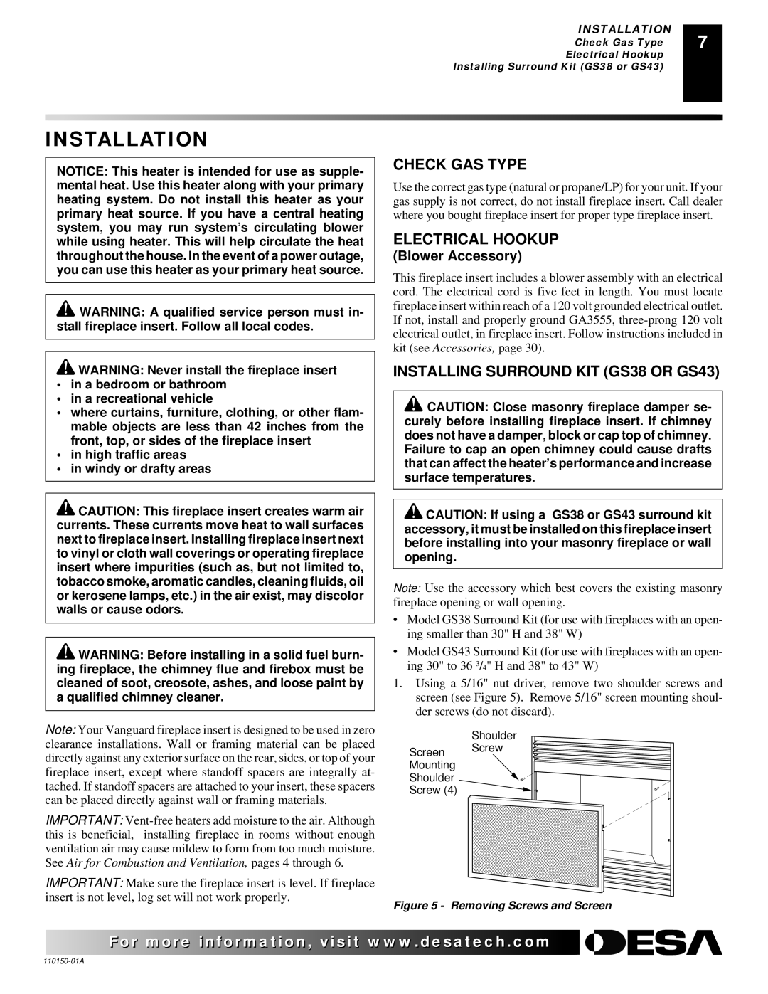 Desa VI33PRA Installation, Check GAS Type, Electrical Hookup, Installing Surround KIT GS38 or GS43, Blower Accessory 