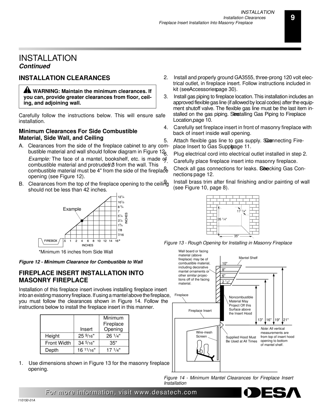 Desa VI33PRA, VI33NRA installation manual Installation Clearances, Fireplace Insert Installation Into Masonry Fireplace 