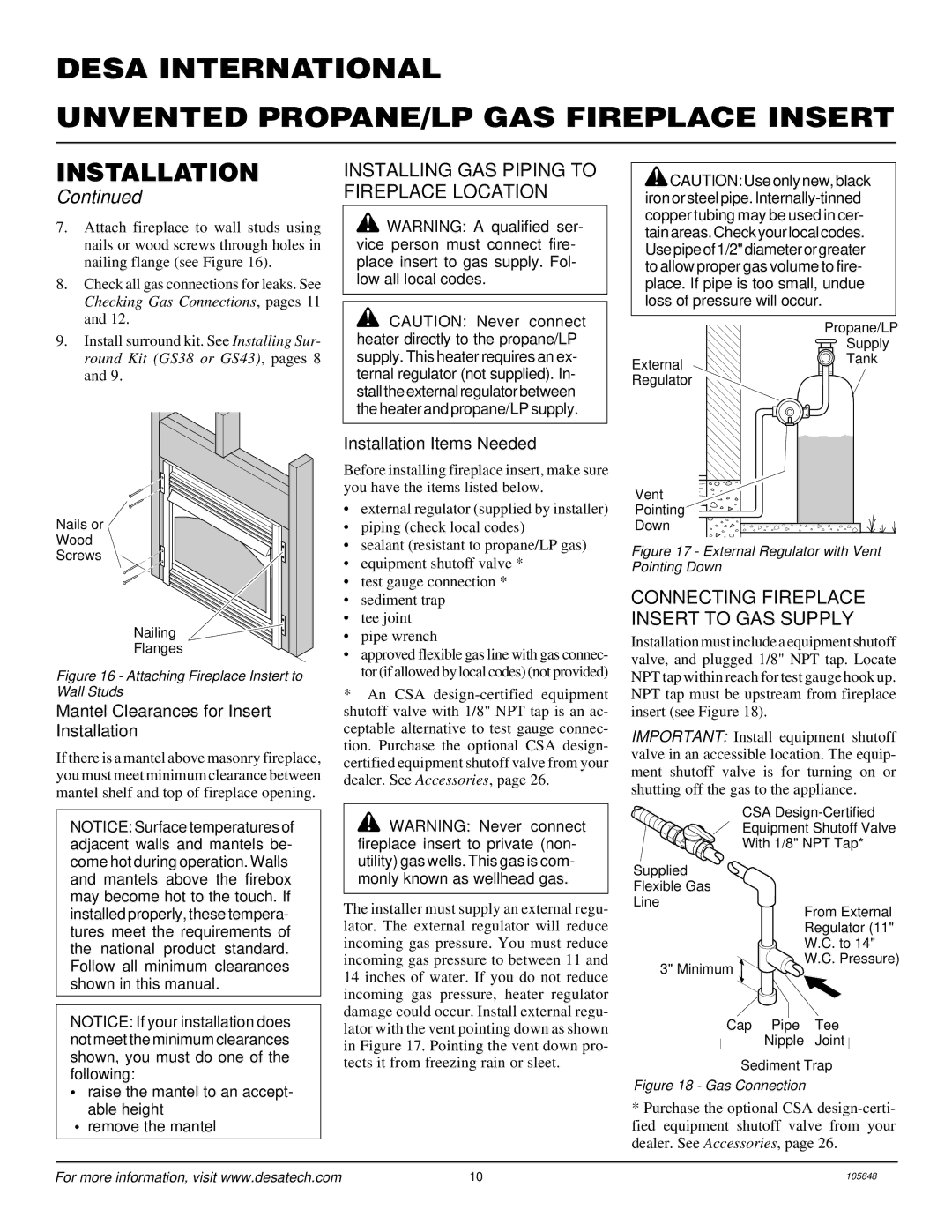 Desa VI33PR installation manual Installing GAS Piping to Fireplace Location, Connecting Fireplace Insert to GAS Supply 