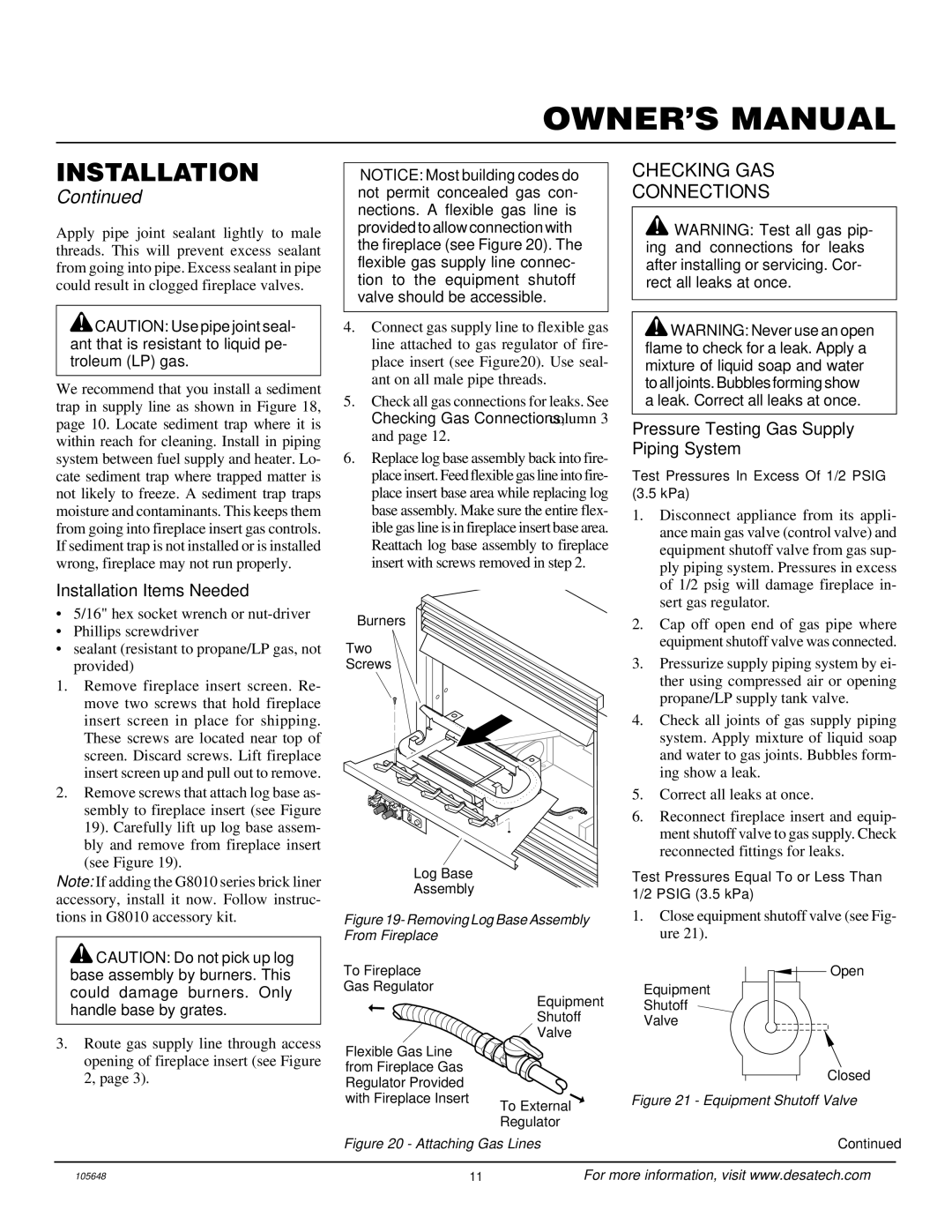 Desa VI33PR installation manual Checking GAS Connections, Pressure Testing Gas Supply Piping System 