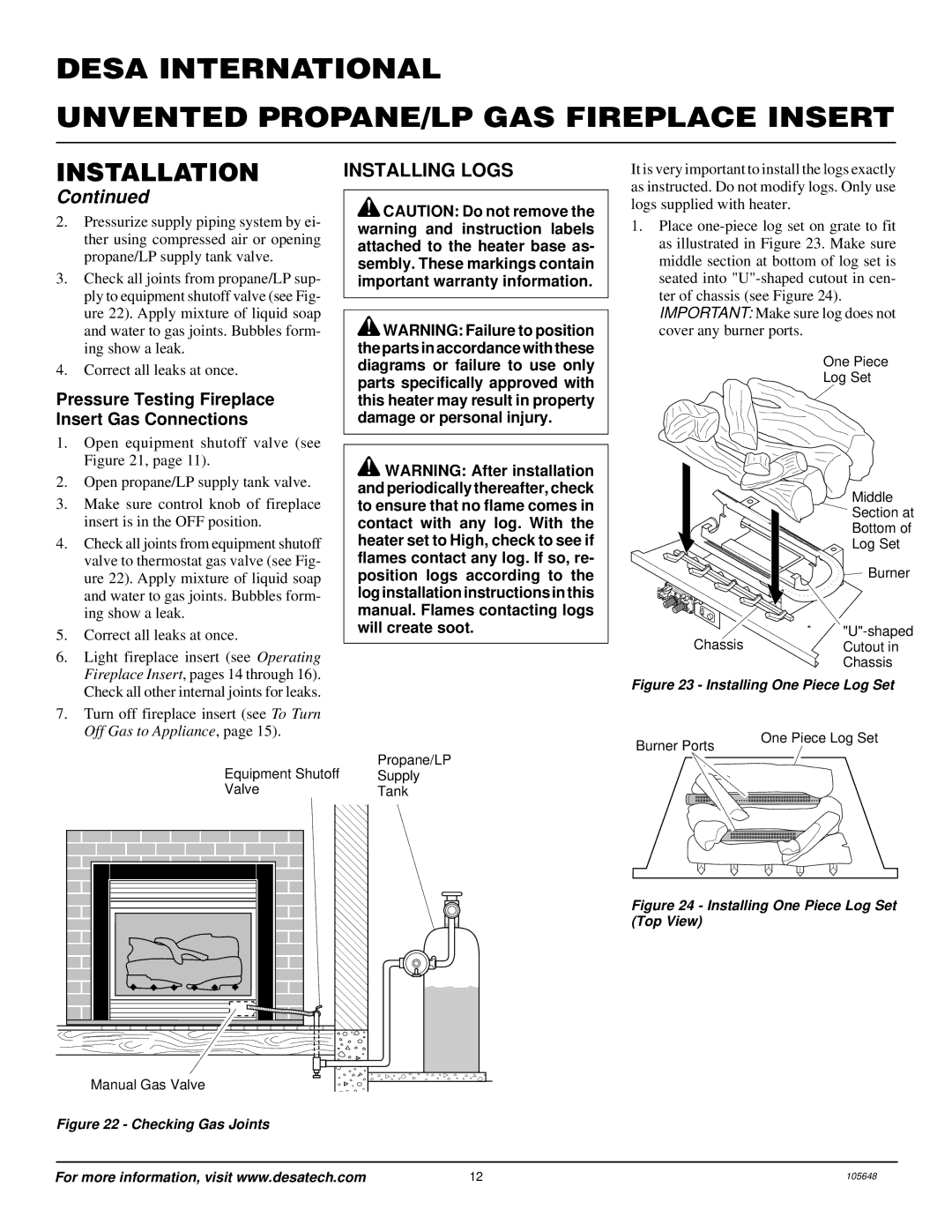 Desa VI33PR installation manual Installing Logs, Pressure Testing Fireplace Insert Gas Connections 