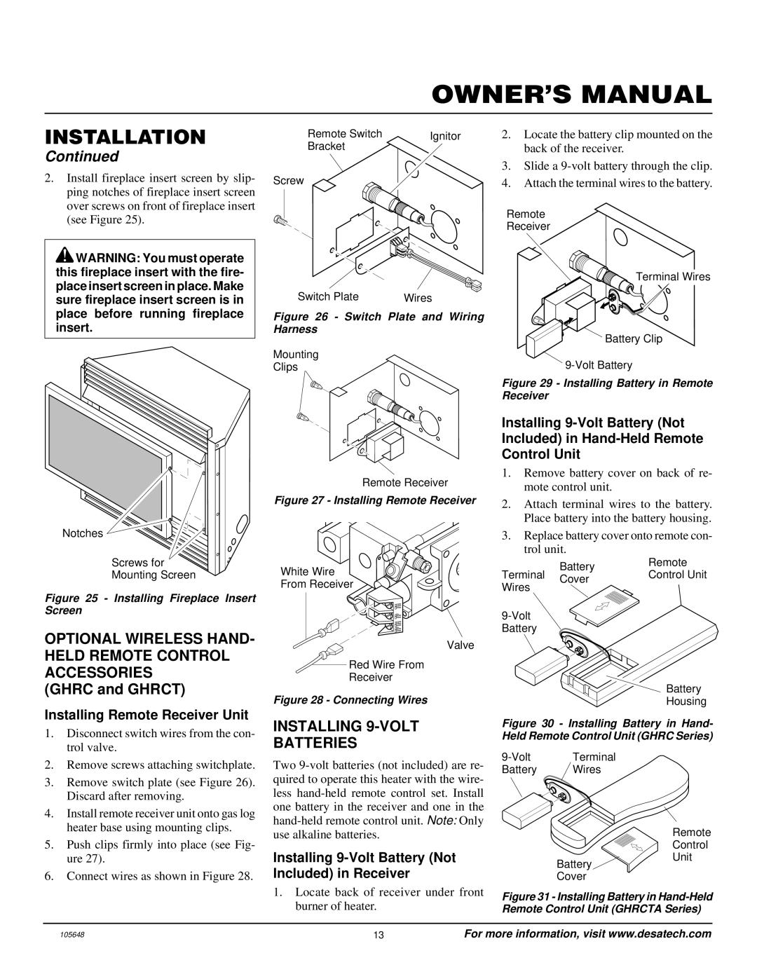 Desa VI33PR installation manual Optional Wireless HAND- Held Remote Control Accessories, Installing 9-VOLT Batteries 