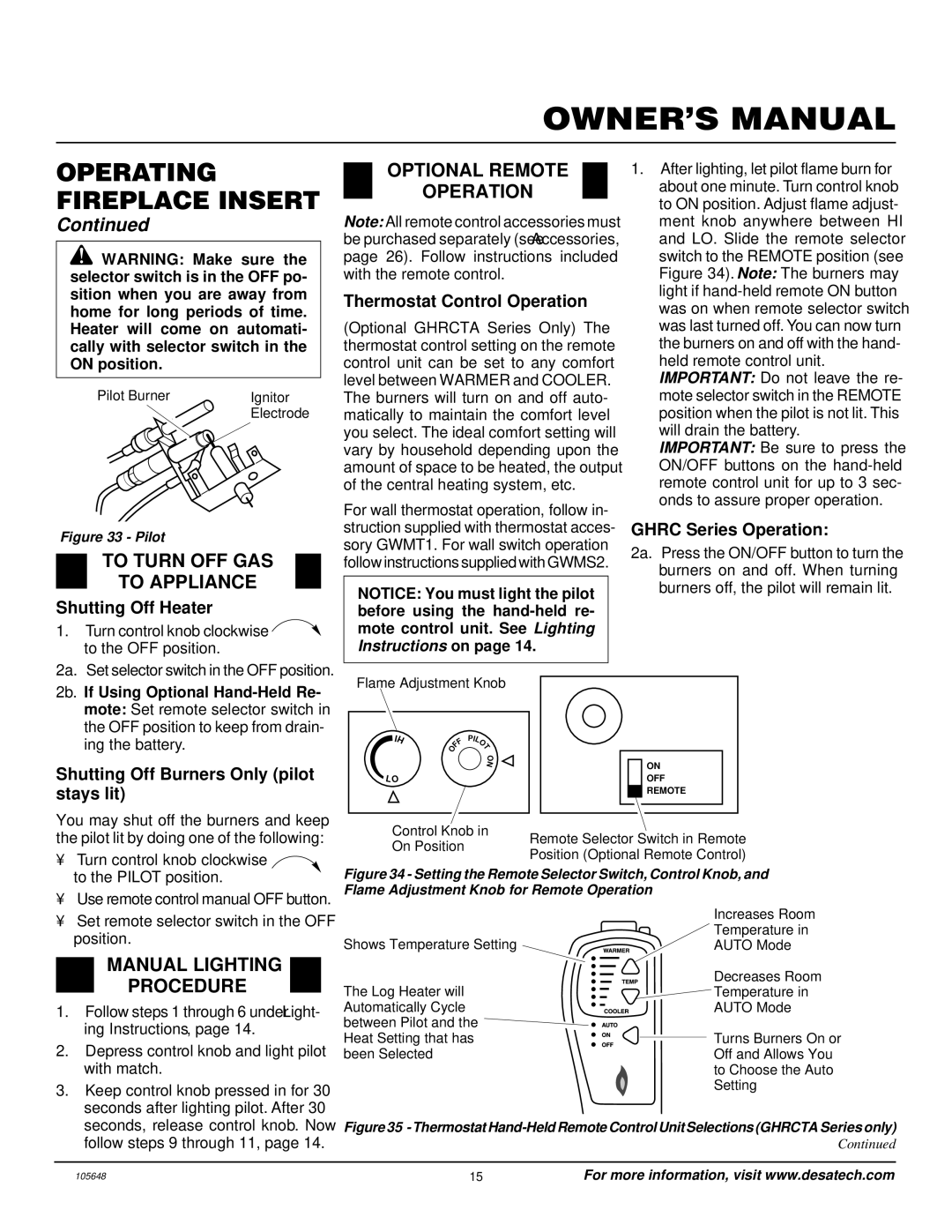 Desa VI33PR installation manual To Turn OFF GAS To Appliance, Optional Remote Operation, Manual Lighting Procedure 