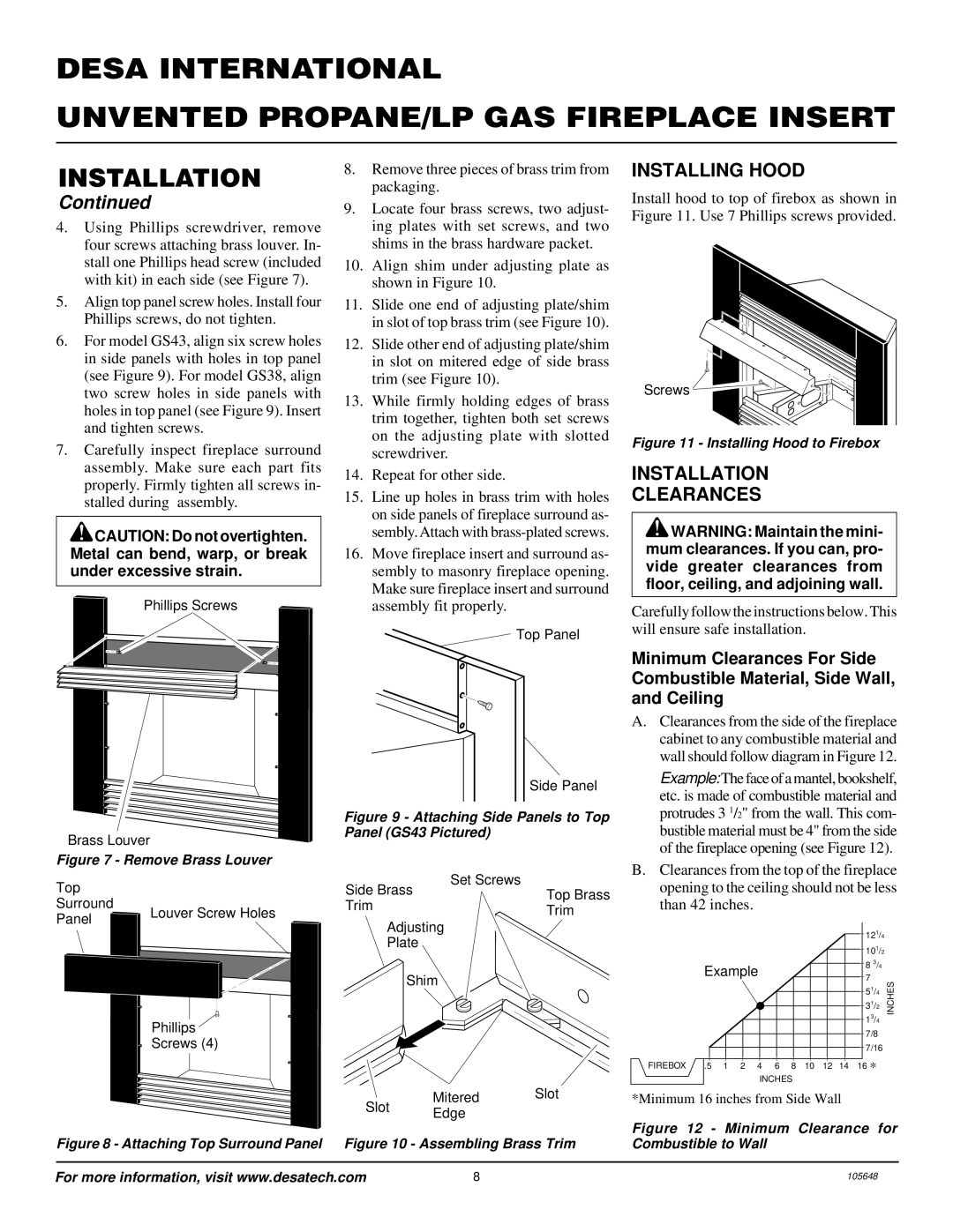 Desa VI33PR installation manual Installing Hood, Installation Clearances 