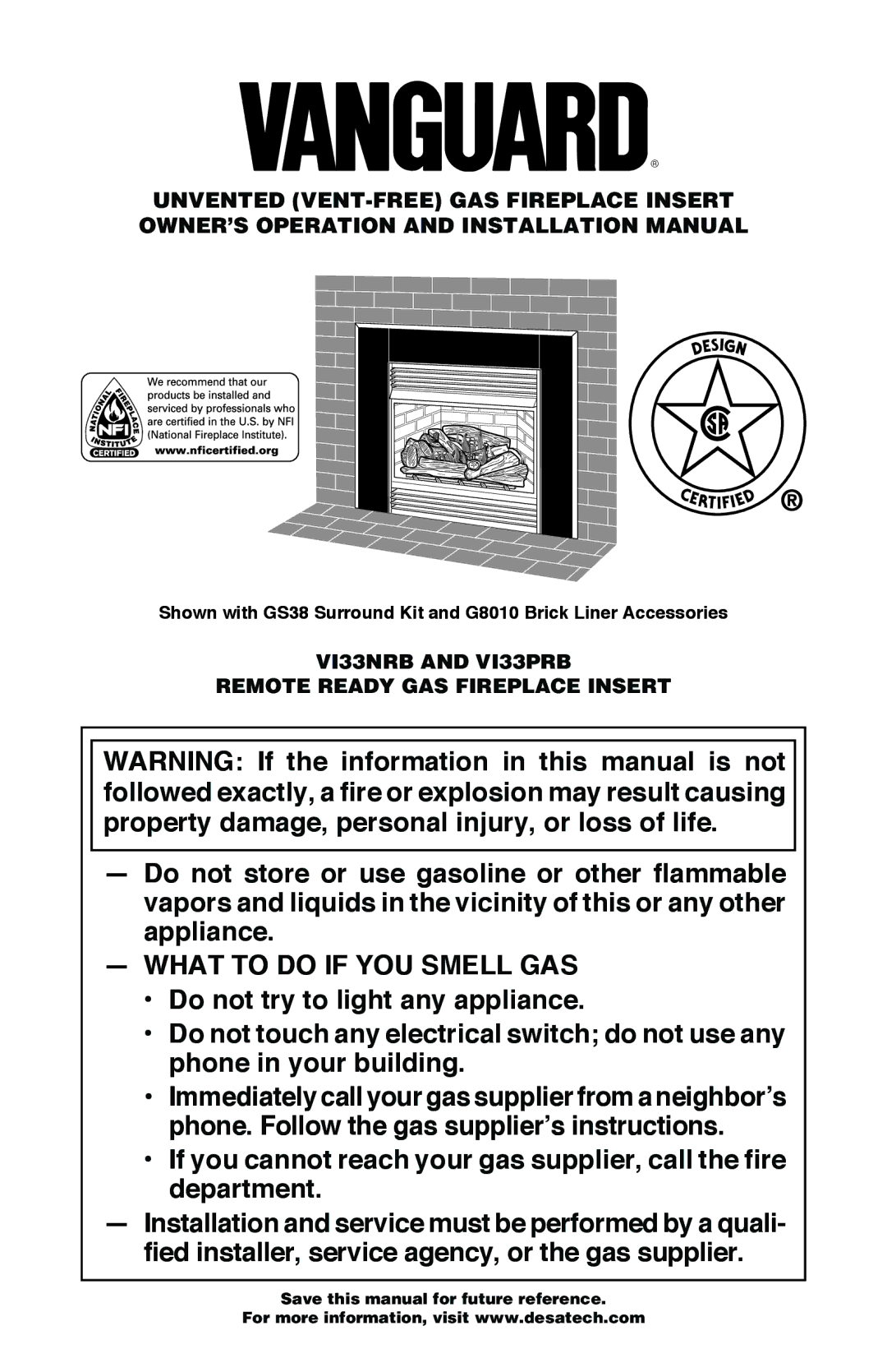 Desa installation manual What to do if YOU Smell GAS, VI33NRB and VI33PRB Remote Ready GAS Fireplace Insert 