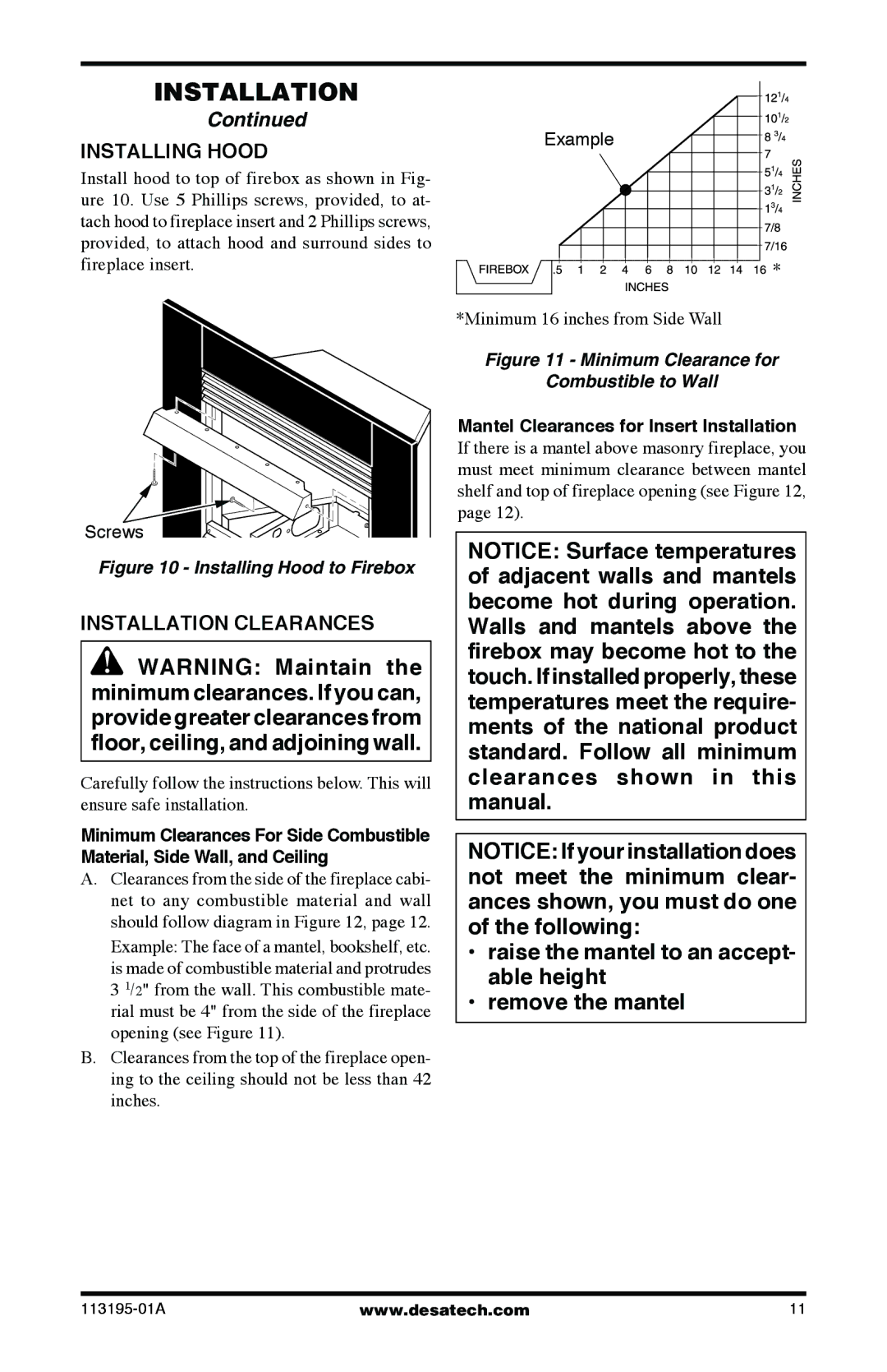 Desa VI33NRB, VI33PRB installation manual Installing Hood, Installation Clearances 