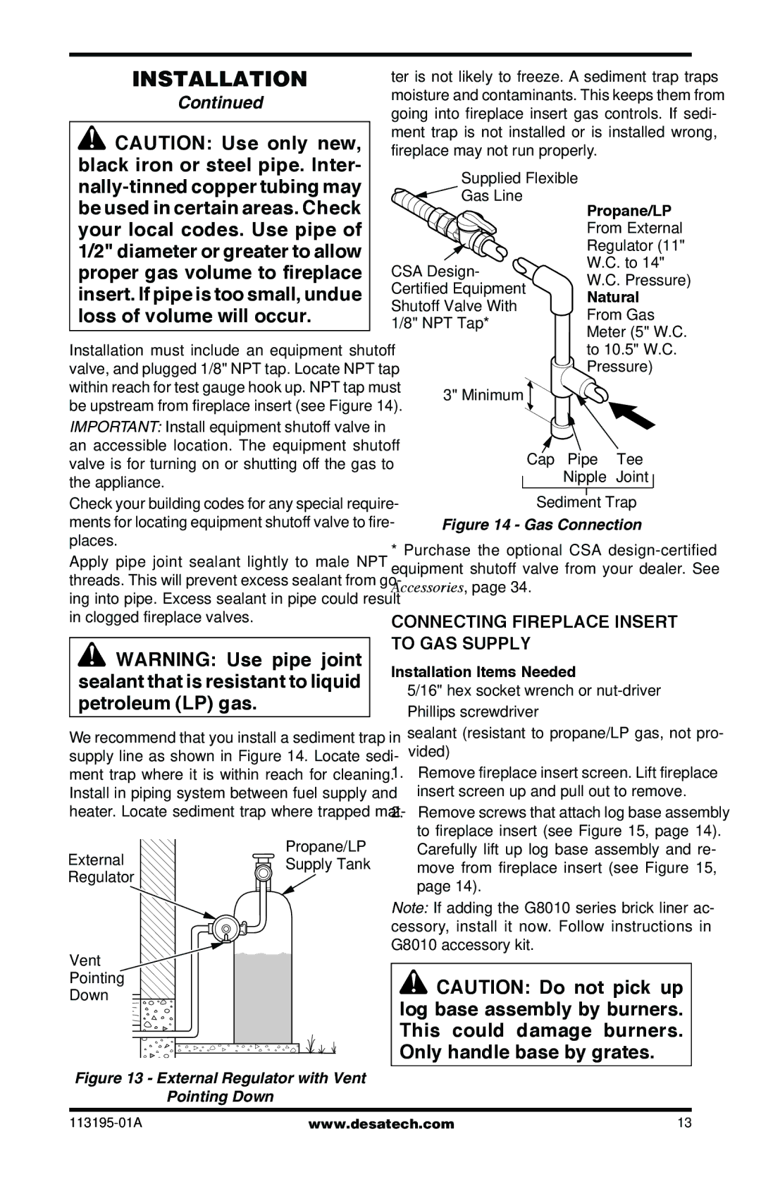 Desa VI33NRB, VI33PRB installation manual Connecting Fireplace Insert to GAS Supply, Propane/LP, Natural 