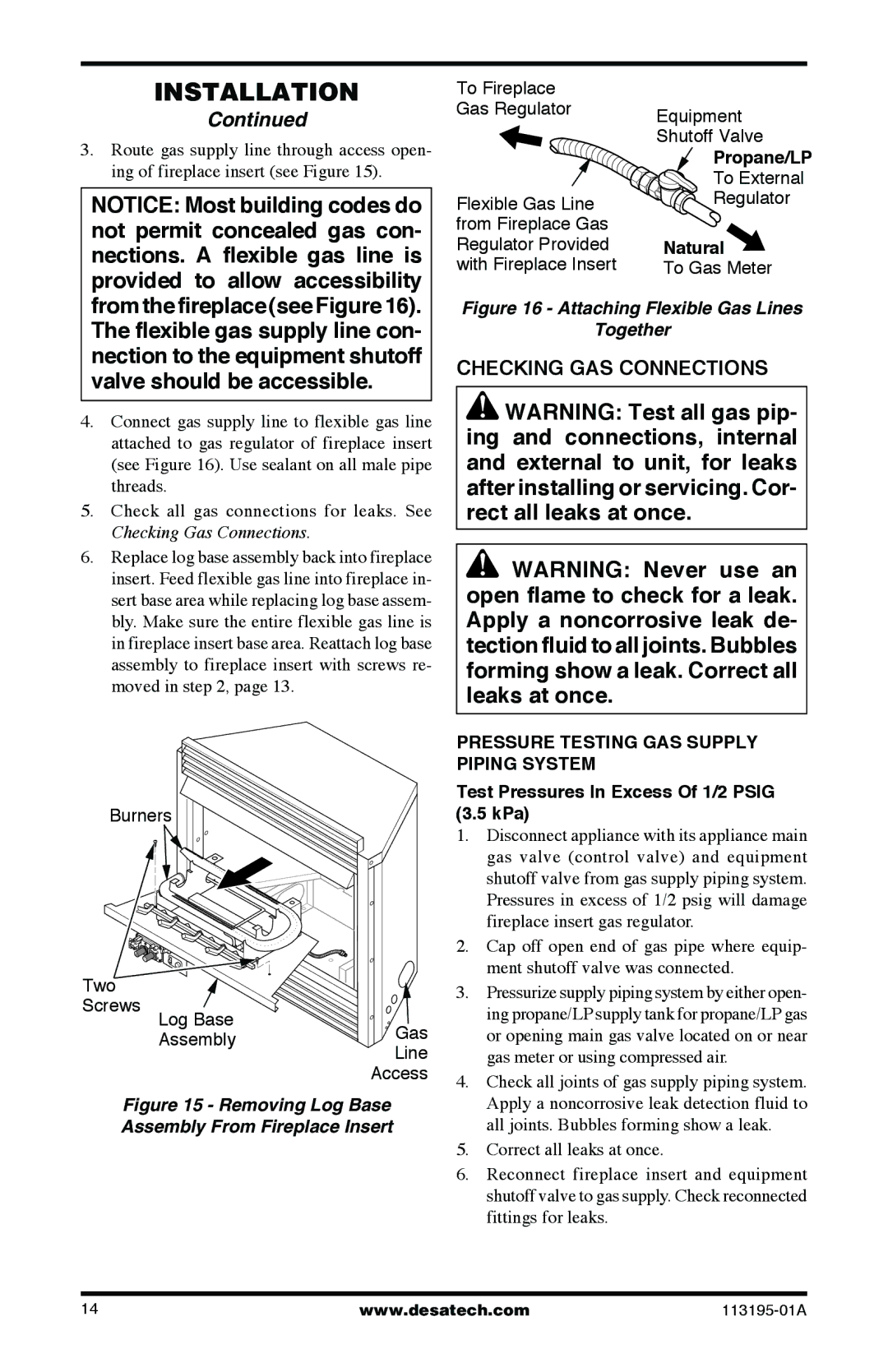 Desa VI33PRB, VI33NRB installation manual Checking GAS Connections, Test Pressures In Excess Of 1/2 Psig 3.5 kPa 