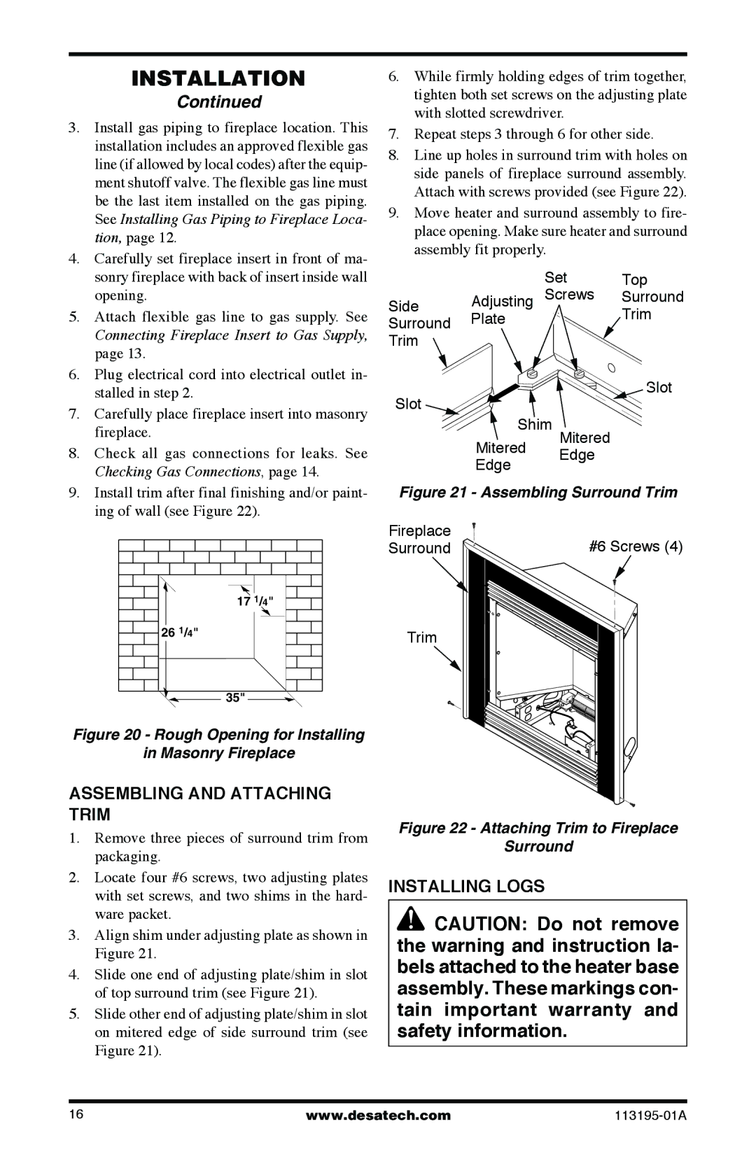 Desa VI33PRB, VI33NRB installation manual Assembling and Attaching Trim, Installing Logs 