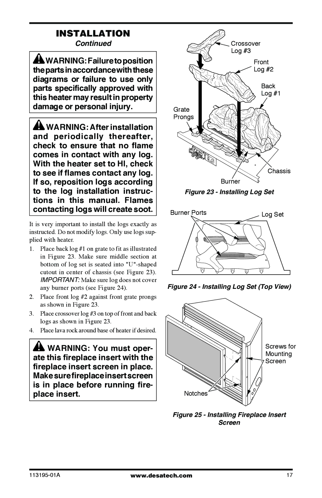 Desa VI33NRB, VI33PRB installation manual Installing Log Set 