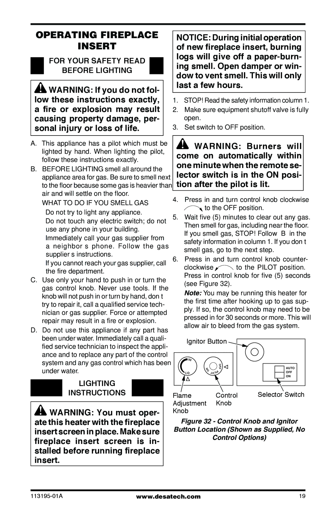 Desa VI33NRB, VI33PRB Operating Fireplace Insert, For Your Safety Read Before Lighting, Lighting Instructions 