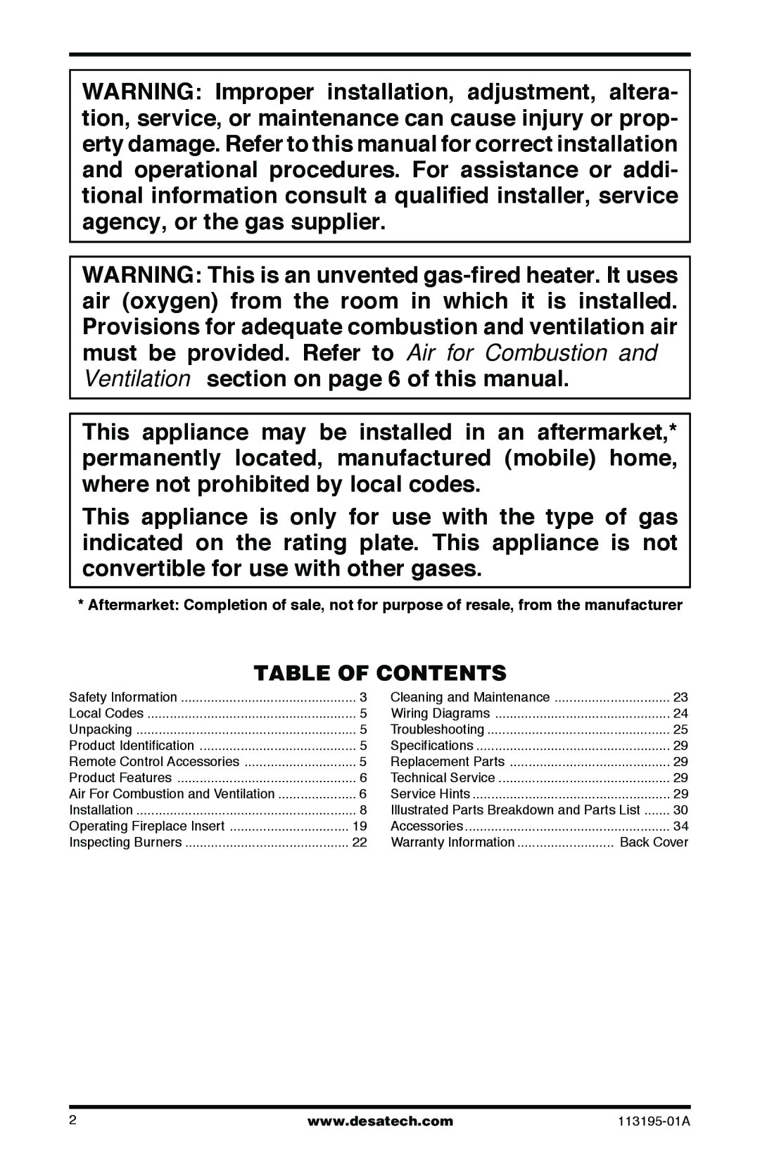 Desa VI33PRB, VI33NRB installation manual Table of Contents 