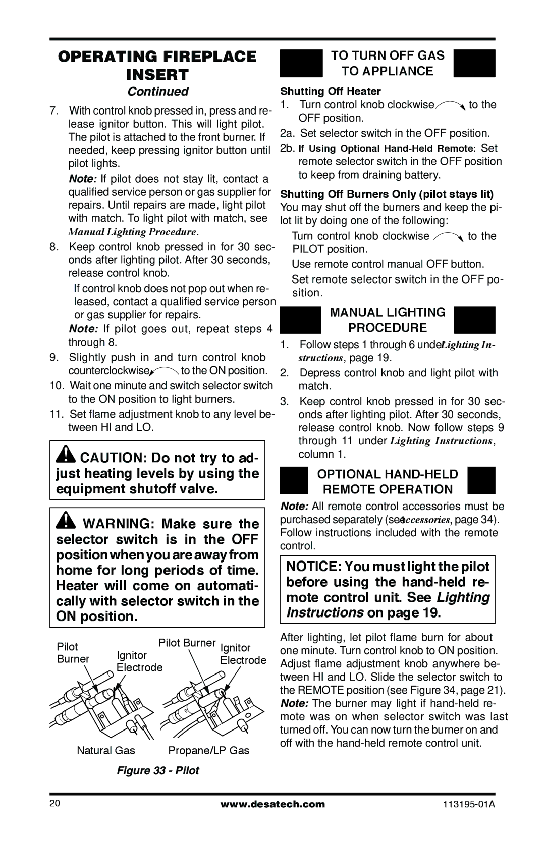 Desa VI33PRB, VI33NRB To Turn OFF GAS To Appliance, Manual Lighting Procedure, Optional HAND-HELD Remote Operation 