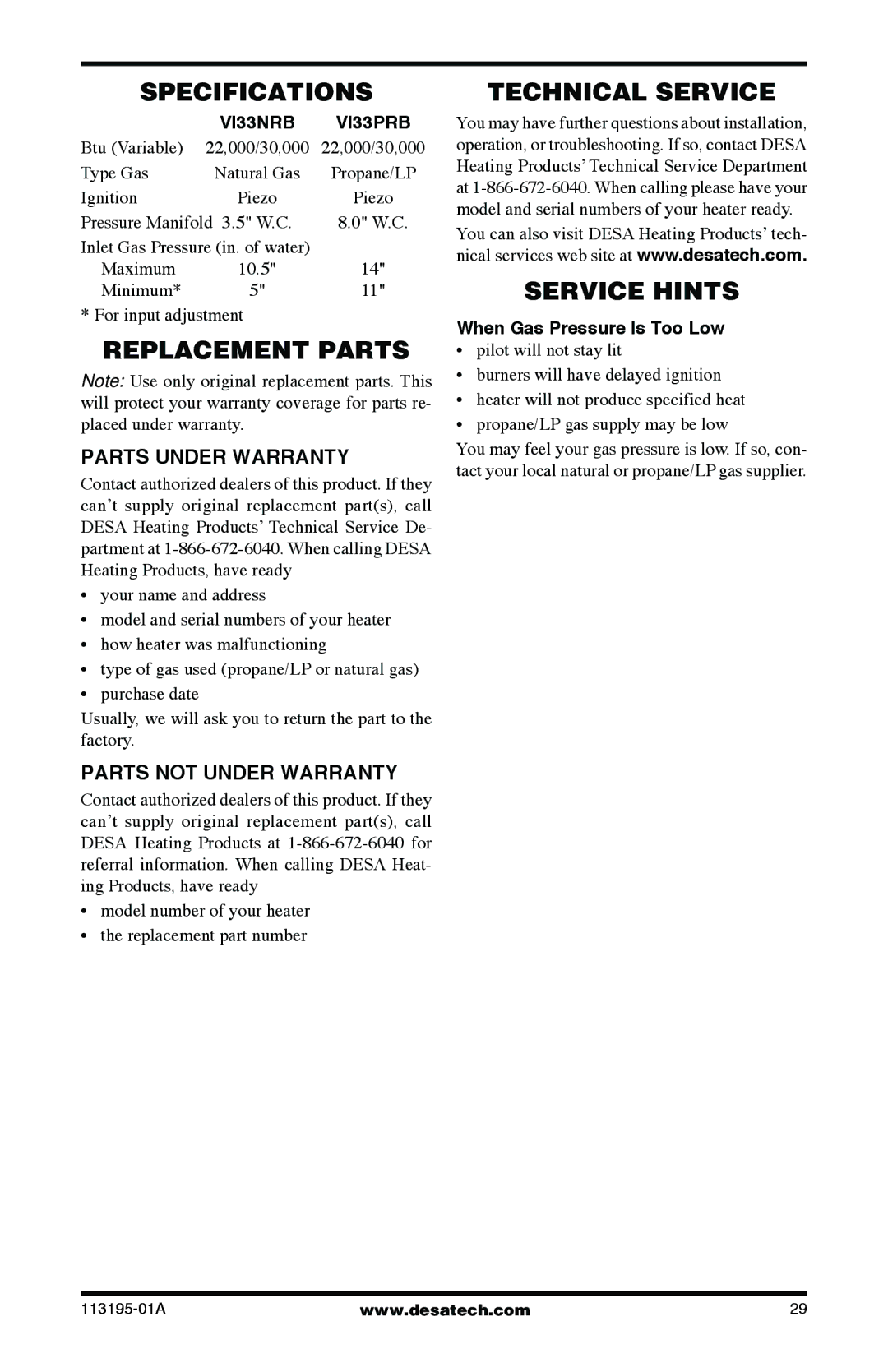 Desa VI33NRB, VI33PRB installation manual Specifications, Replacement Parts, Technical Service, Service Hints 