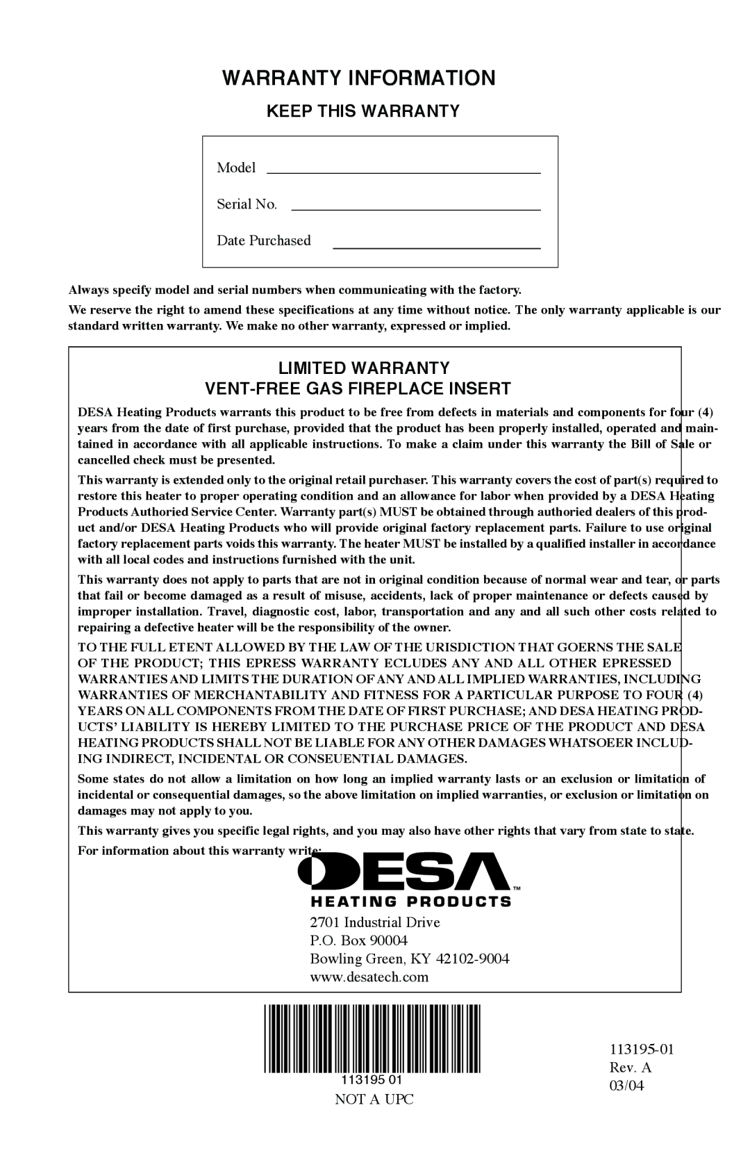 Desa VI33PRB, VI33NRB Warranty Information, Keep this Warranty, Limited Warranty VENT-FREE GAS Fireplace Insert 