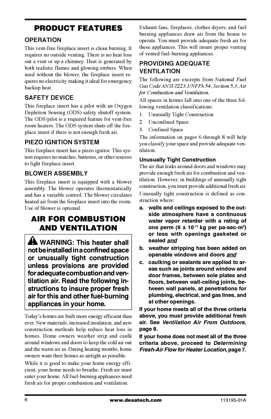 Desa VI33PRB, VI33NRB installation manual Product Features, AIR for Combustion Ventilation 