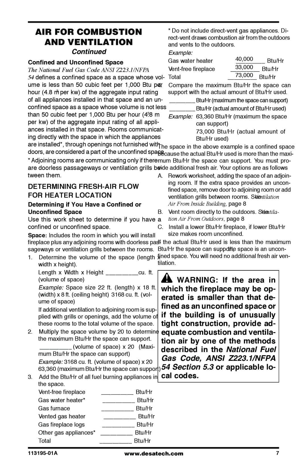 Desa VI33NRB, VI33PRB installation manual Determining FRESH-AIR Flow for Heater Location, Confined and Unconfined Space 