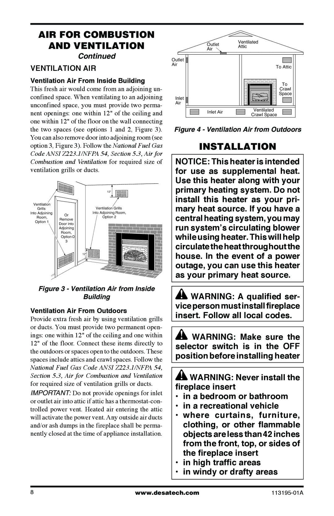 Desa VI33PRB, VI33NRB Installation, Ventilation AIR, Ventilation Air From Inside Building, Ventilation Air From Outdoors 