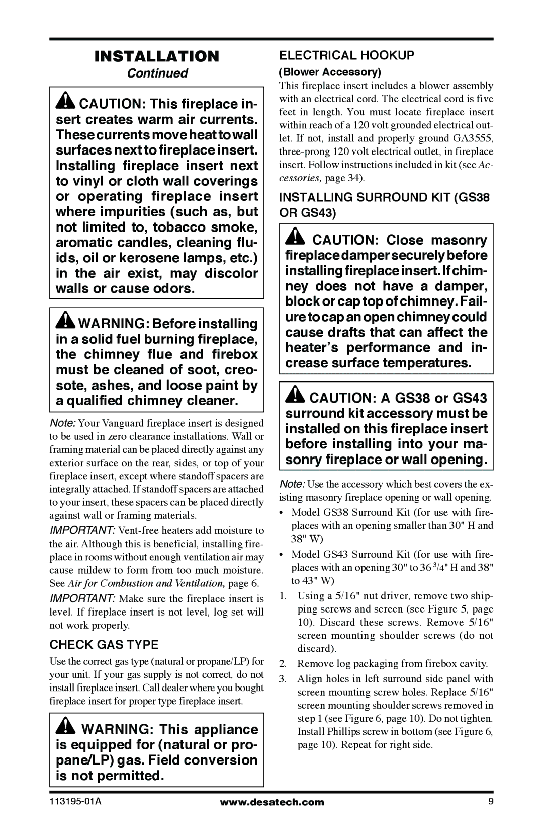 Desa VI33NRB, VI33PRB Check GAS Type, Electrical Hookup, Installing Surround KIT GS38 or GS43, Blower Accessory 