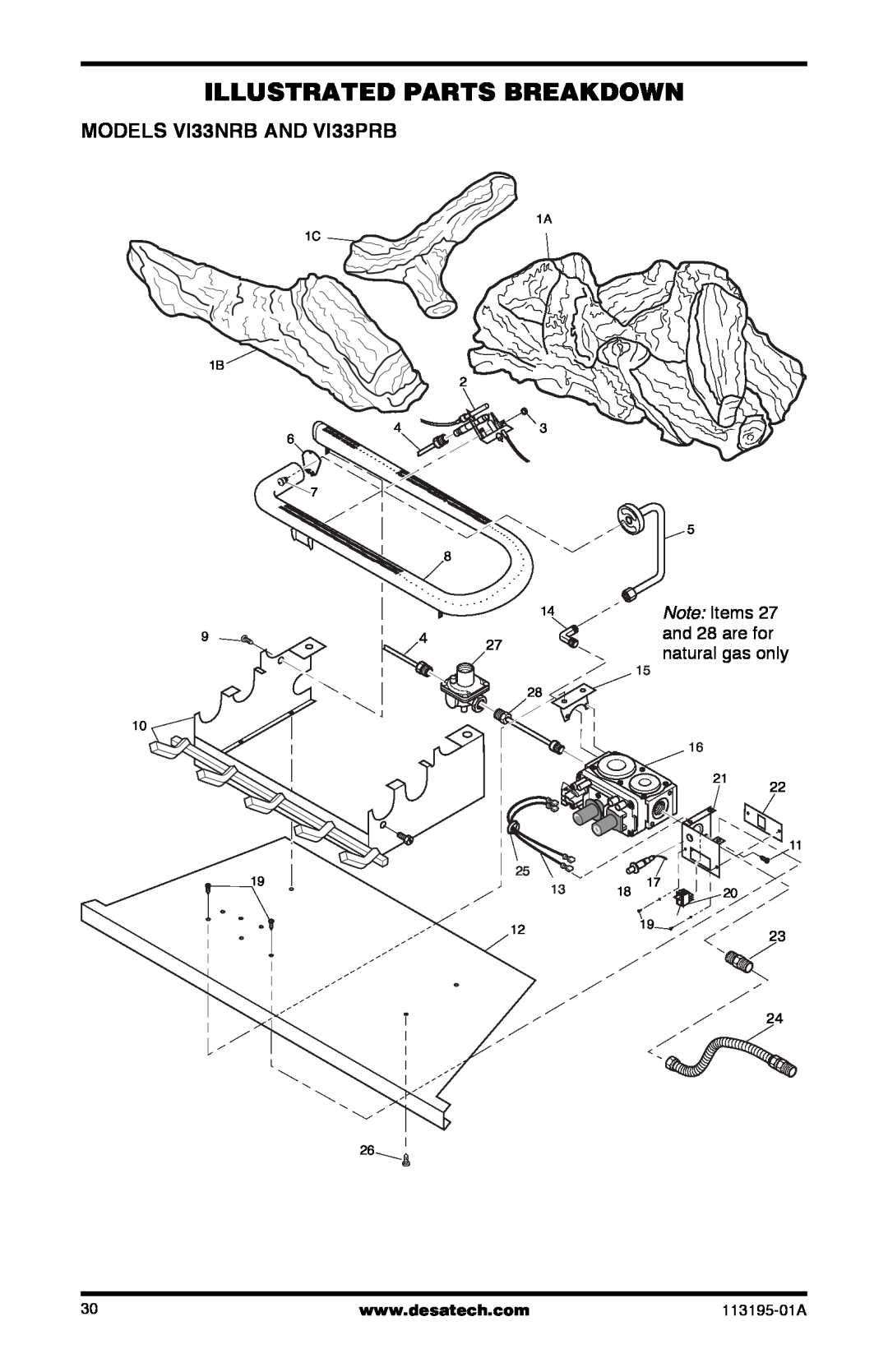 Desa installation manual Illustrated Parts Breakdown, MODELS VI33NRB AND VI33PRB, natural gas only, 113195-01A 
