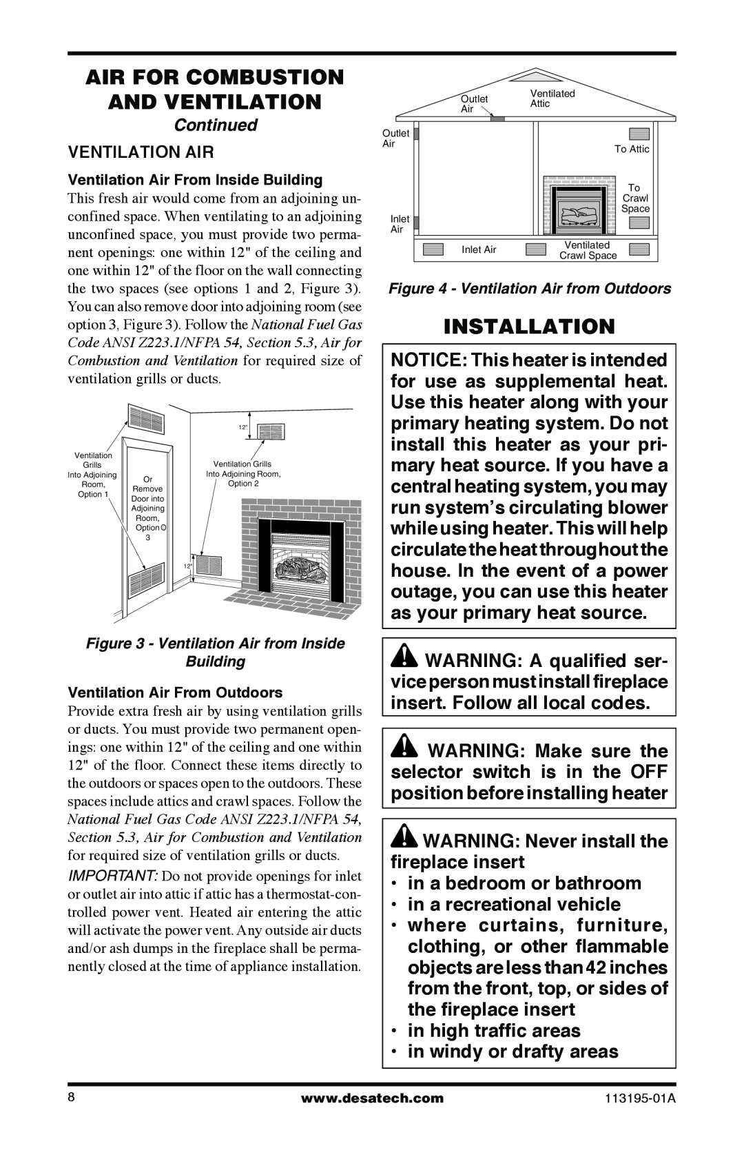 Desa VI33PRB, VI33NRB installation manual Air For Combustion And Ventilation, Installation 