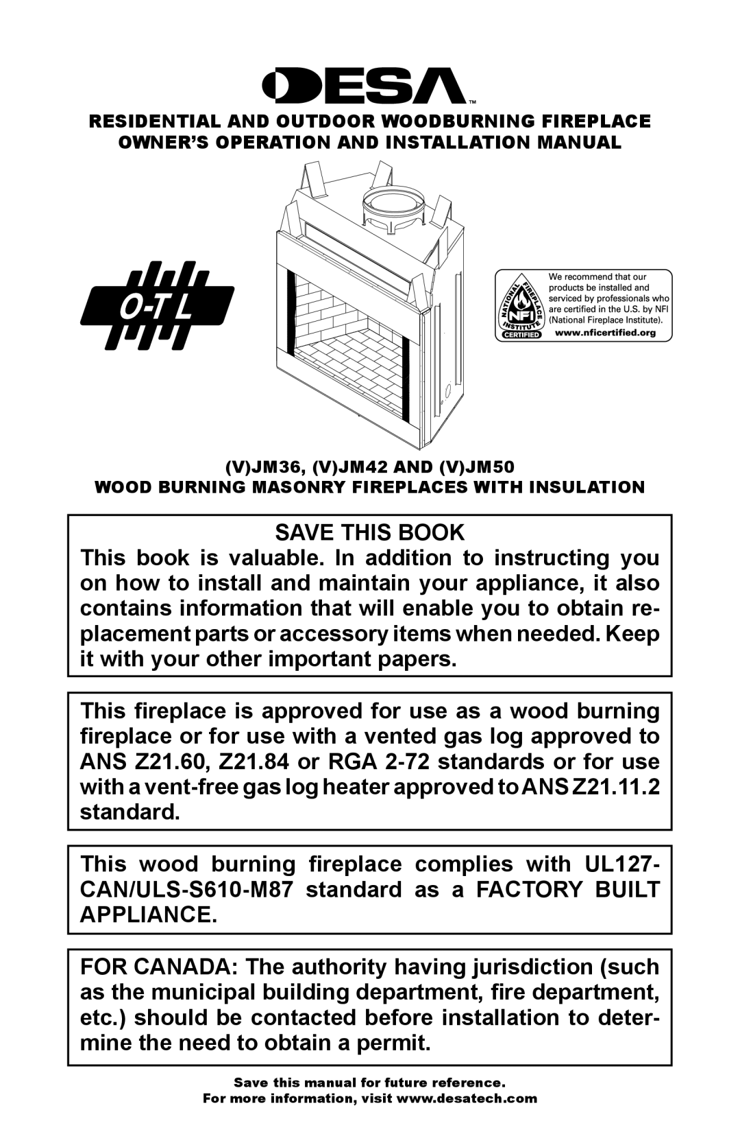 Desa (V)JM42, (V)JM50, (V)JM36 installation manual Save this Book, Wood Burning Masonry Fireplaces with Insulation 