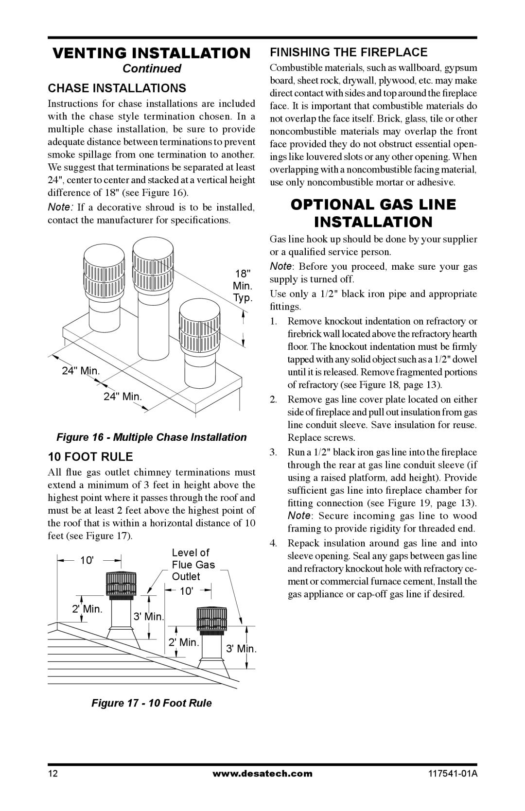 Desa (V)JM50, (V)JM42, (V)JM36 Optional GAS Line Installation, Chase Installations, Foot Rule, Finishing the Fireplace 