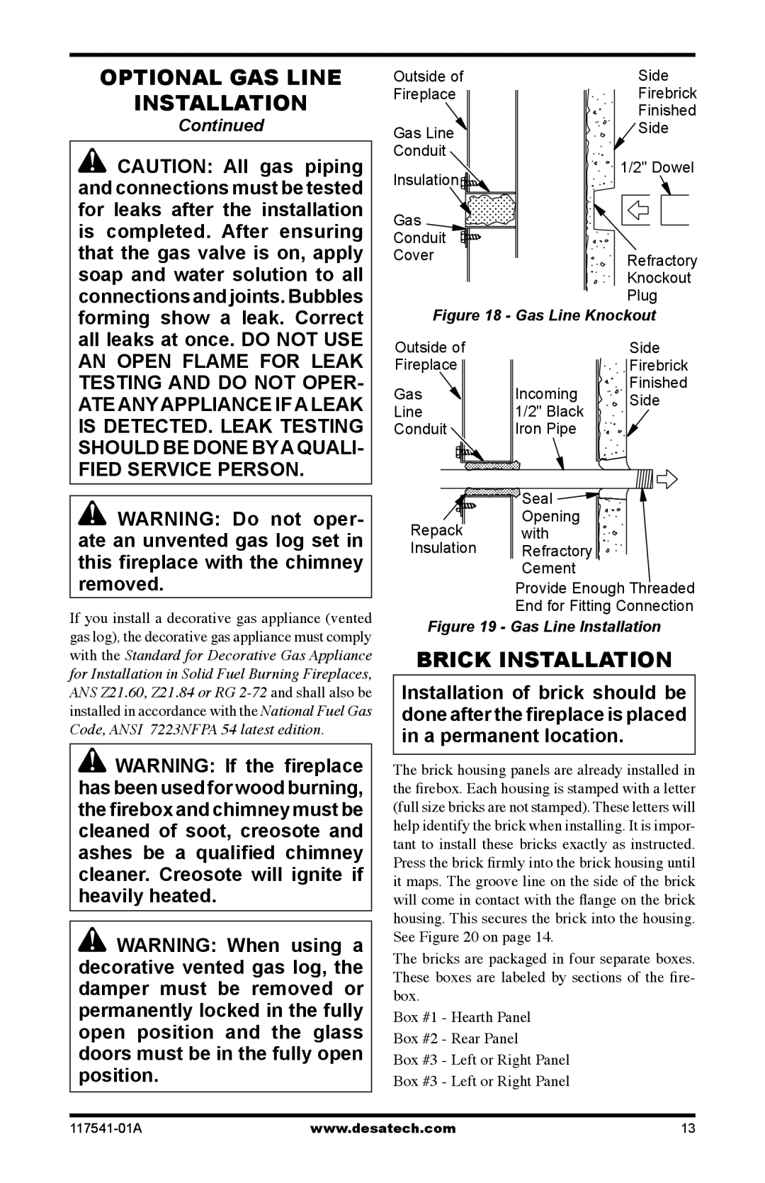 Desa (V)JM42, (V)JM50, (V)JM36 installation manual Brick Installation, Gas Line Knockout 