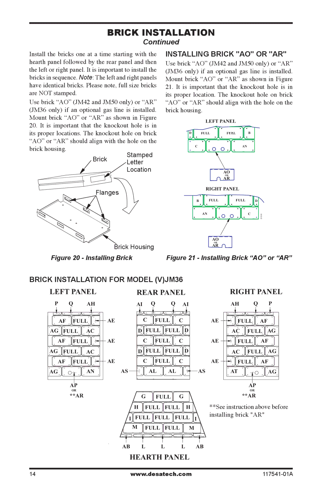Desa (V)JM36, (V)JM50, (V)JM42 installation manual Installing Brick AO or AR, Brick Installation for Model VJM36 