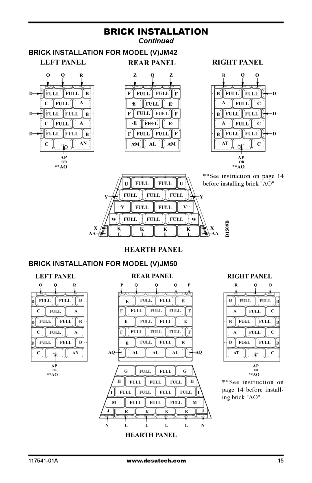 Desa (V)JM50, (V)JM42, (V)JM36 installation manual Brick Installation for Model VJM42, Brick Installation for Model VJM50 