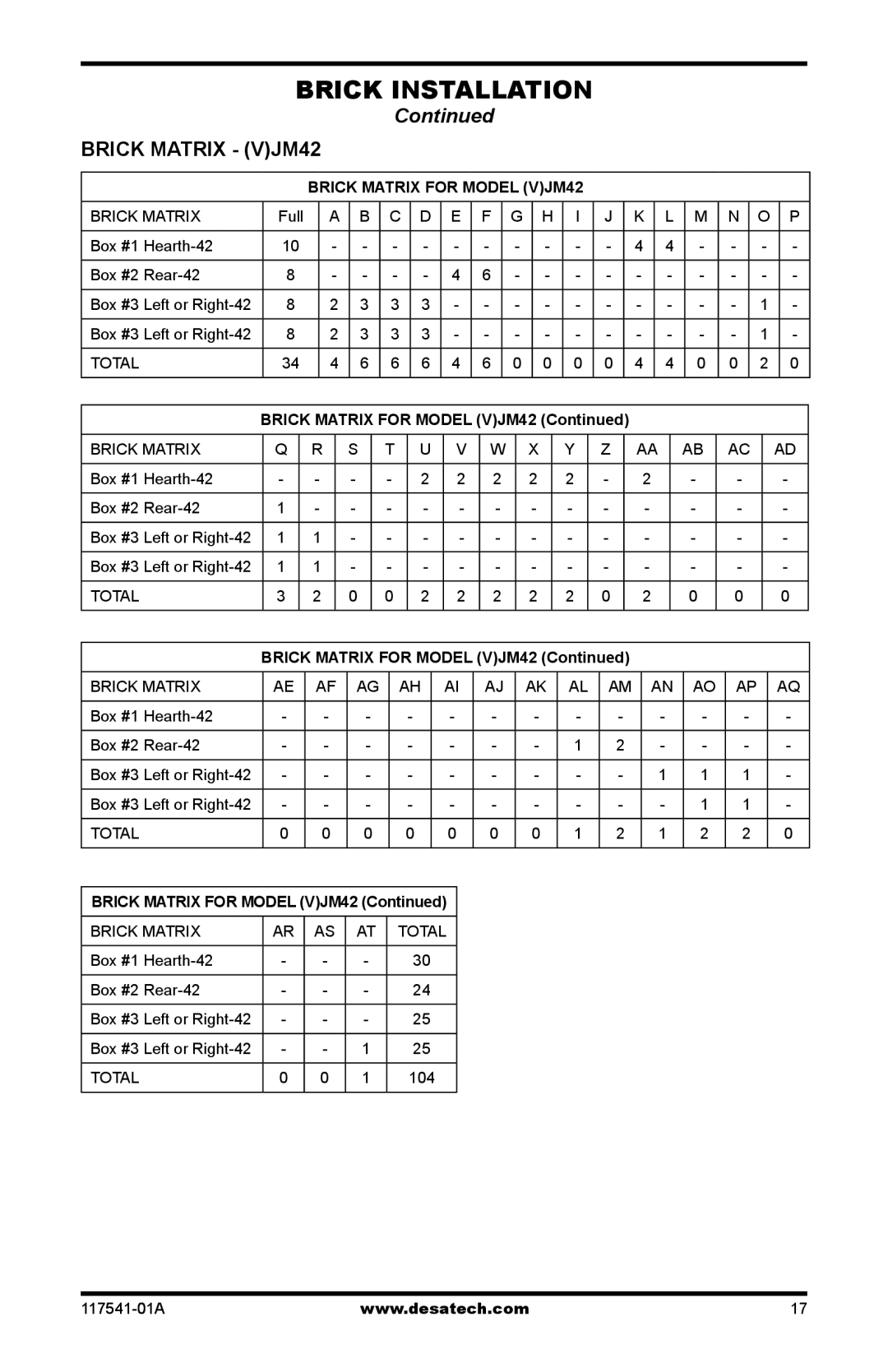 Desa (V)JM36, (V)JM50, (V)JM42 installation manual Brick Matrix VJM42, Brick Matrix for Model VJM42 