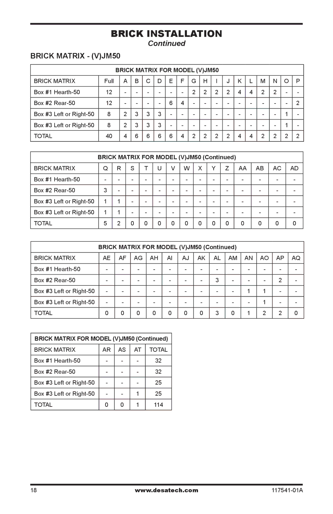 Desa (V)JM50, (V)JM42, (V)JM36 installation manual Brick Matrix VJM50, Brick Matrix for Model VJM50 