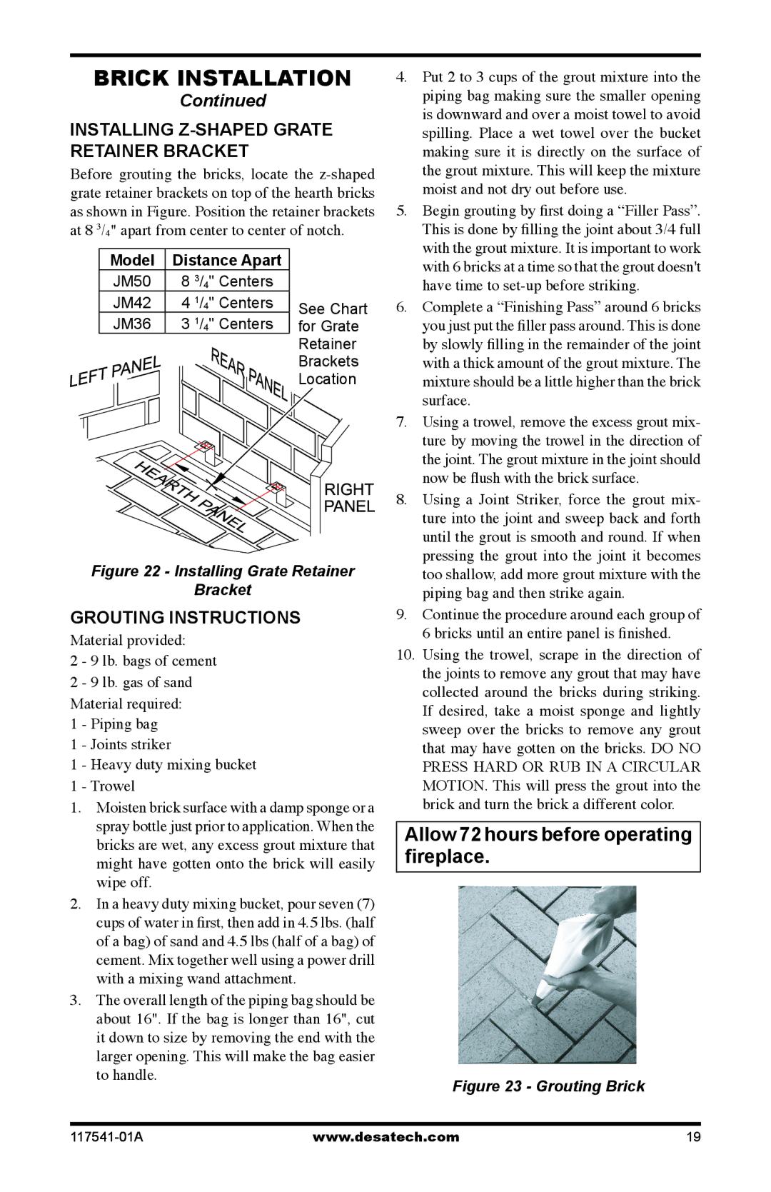 Desa (V)JM42, (V)JM50, (V)JM36 Installing Z-SHAPED Grate Retainer Bracket, Grouting Instructions, To handle 