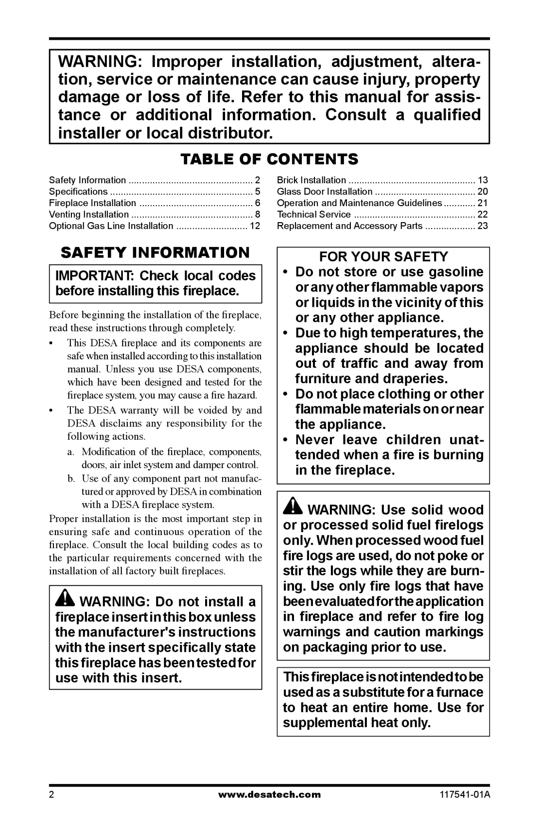 Desa (V)JM36, (V)JM50, (V)JM42 installation manual Table of Contents, Safety Information 