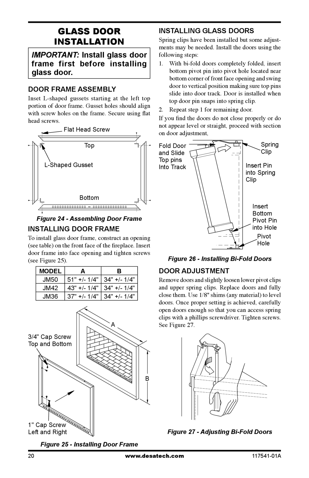 Desa (V)JM36 Glass Door Installation, Door Frame Assembly, Installing Door Frame, Installing Glass Doors, Door Adjustment 