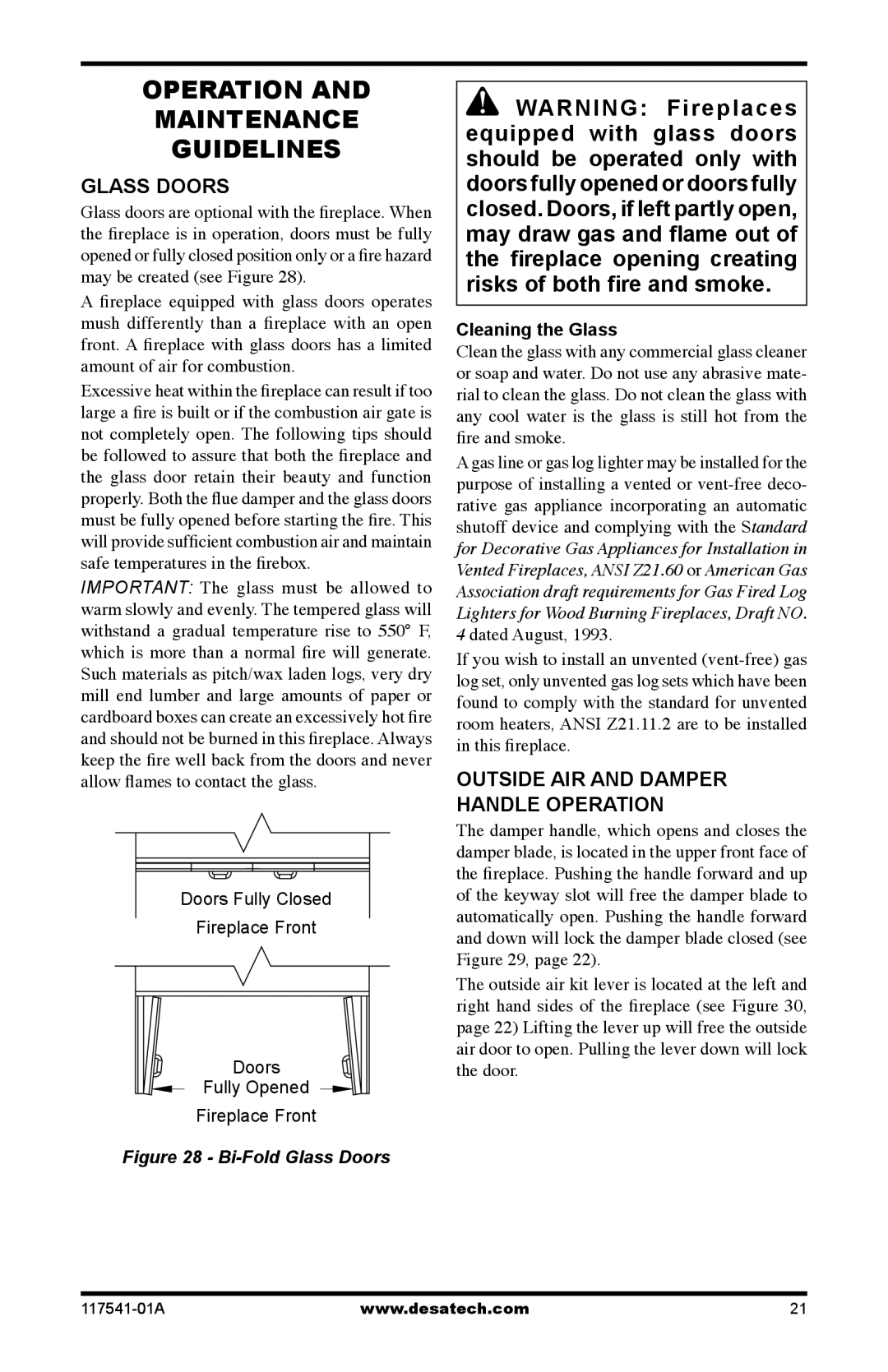 Desa (V)JM50, (V)JM42, (V)JM36 Operation Maintenance Guidelines, Glass Doors, Outside AIR and Damper Handle Operation 