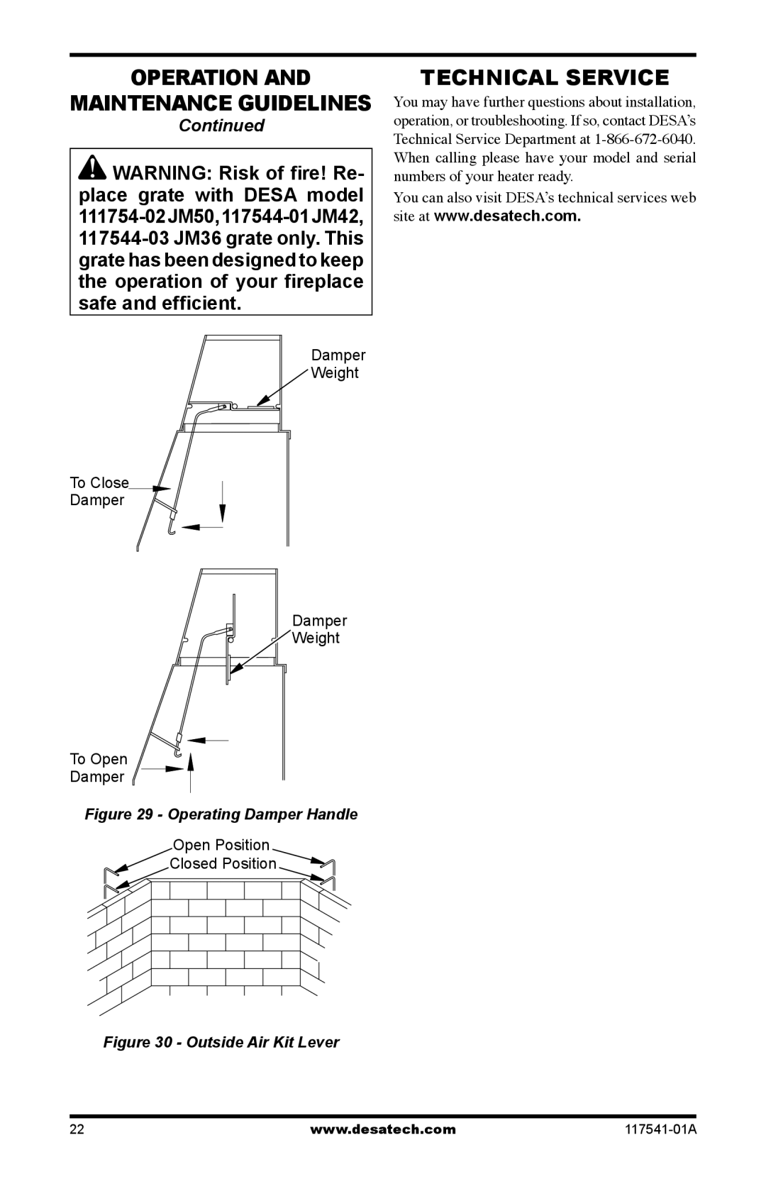 Desa (V)JM42, (V)JM50, (V)JM36 installation manual Technical Service, Operating Damper Handle 