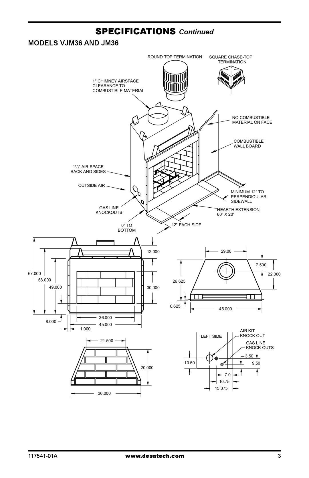 Desa (V)JM50, (V)JM42, (V)JM36 installation manual Specifications, Models VJM36 and JM36 