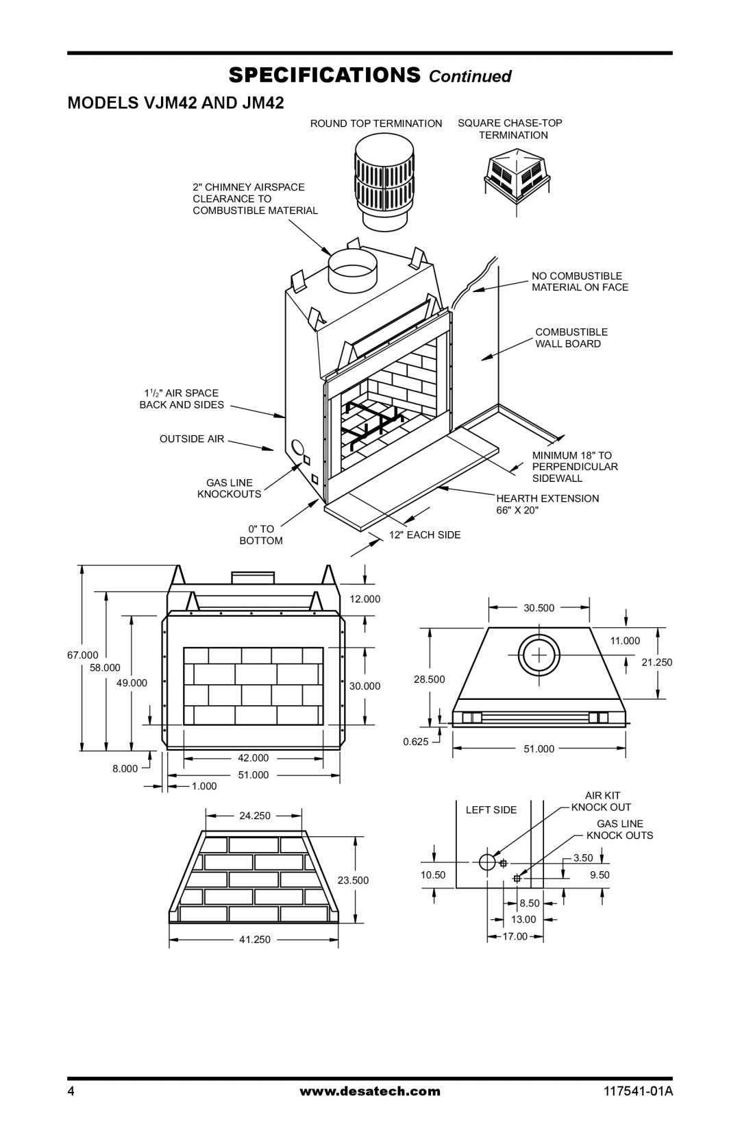 Desa (V)JM42, (V)JM50, (V)JM36 installation manual Models VJM42 and JM42 