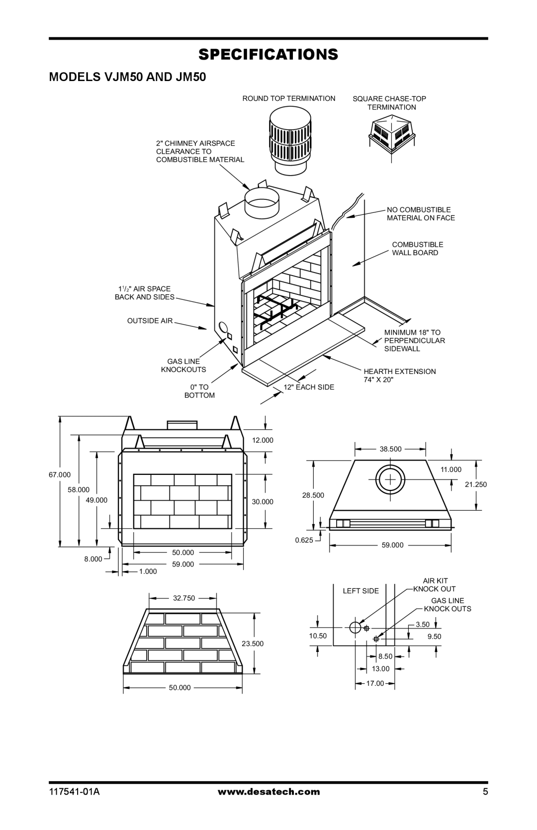 Desa (V)JM36, (V)JM50, (V)JM42 installation manual Specifications, Models VJM50 and JM50 