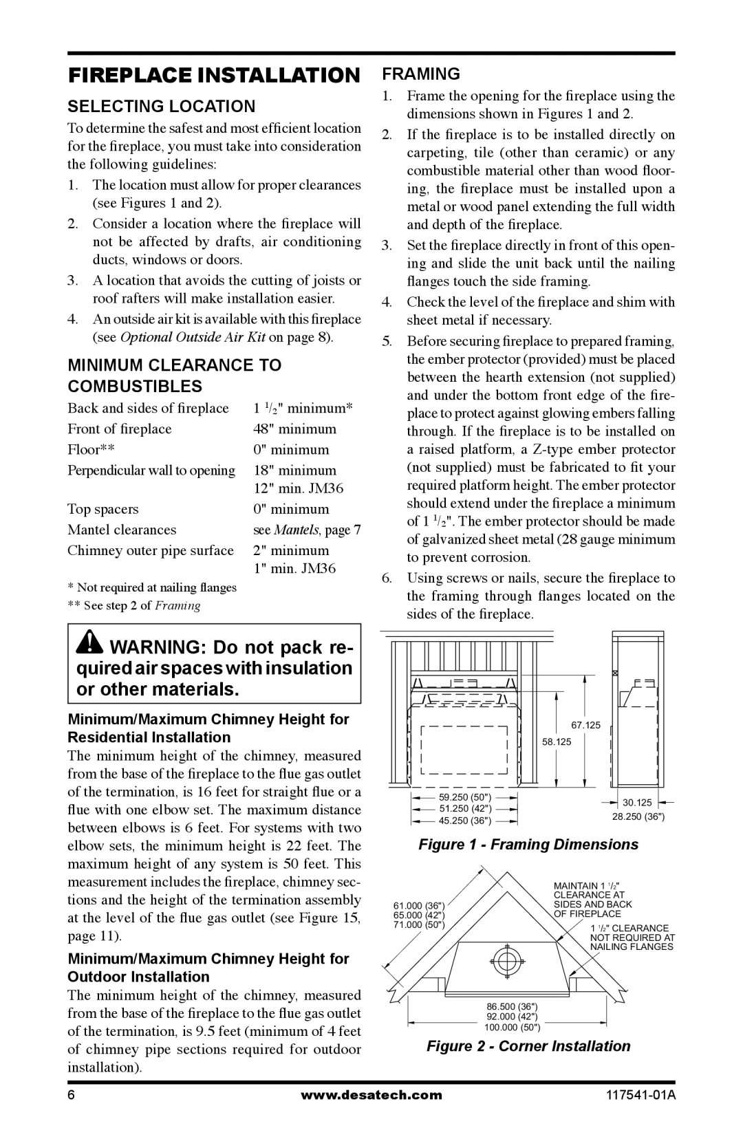 Desa (V)JM50, (V)JM42, (V)JM36 installation manual Selecting Location, Minimum Clearance to Combustibles, Framing 